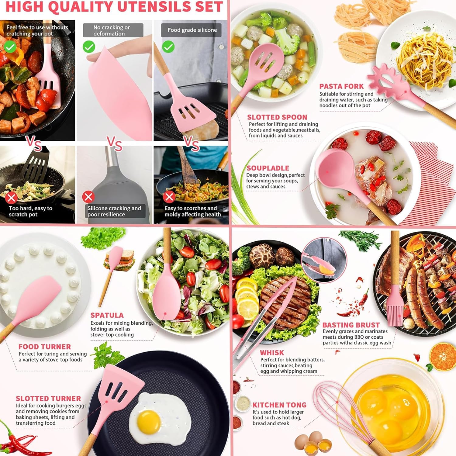 Vortix 19 Pezzi Set Utensili Cucina Silicone, Set Coltelli da Cucina con Porta Utensili, Mestoli Cucina Silicone con Manico in Legno, Nero