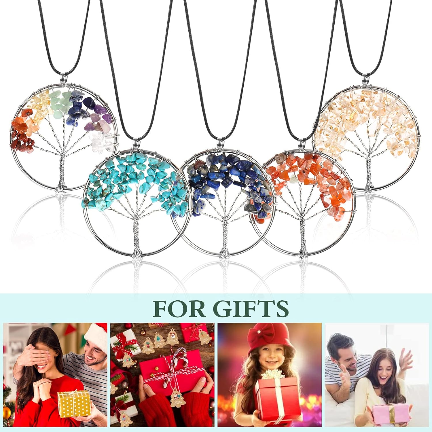 5 Pcs The Chakra Life of Tree Beads, Crystal Quartz Fortune Tree Necklace, Wire Wrapped Tree of Wisdom Charm for Earrings Bracelets Jewelry Making (Leather Chain Style) - Image 7