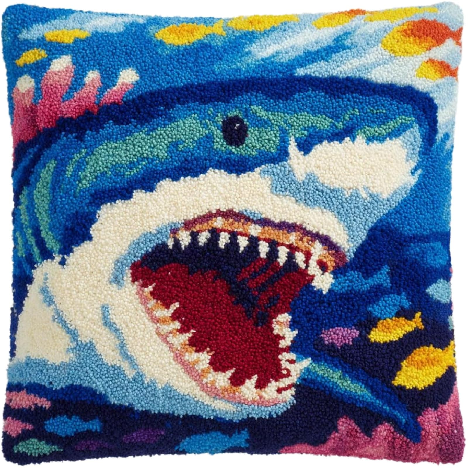 ZUHK Cartoon Animal Latch Hook Kit 17x17 Inch - Pre-Printed Canvas fit for Beginners, DIY Sofa Cushion Cover Craft (Shark 2)