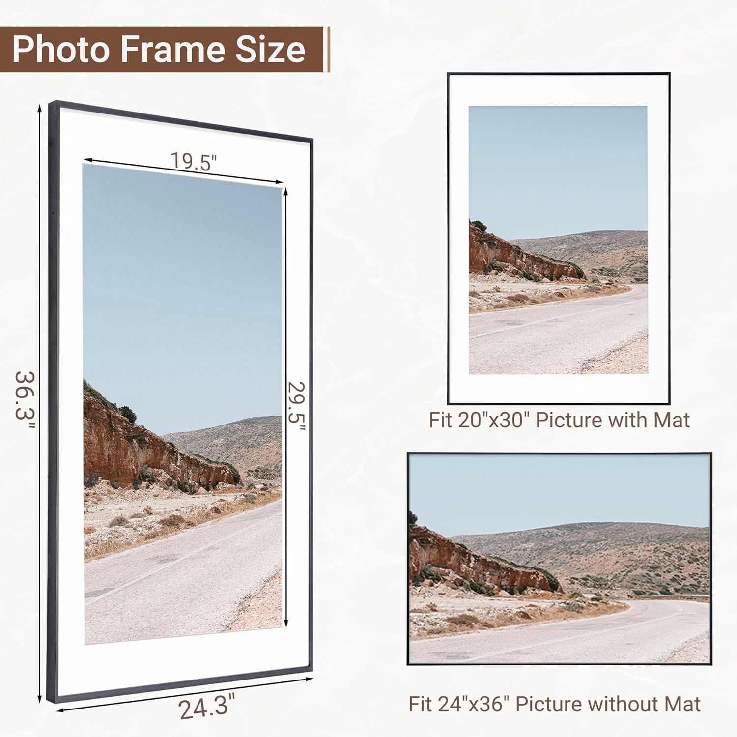 Marsmiles 24x36 Metal Picture Frame, Display 20x30 Pictures with Mat or 24x36 without Mat, Aluminum Photo Frame Covered by Real Glass for Wall Display Home Office Gallery, Black, 2 Pack