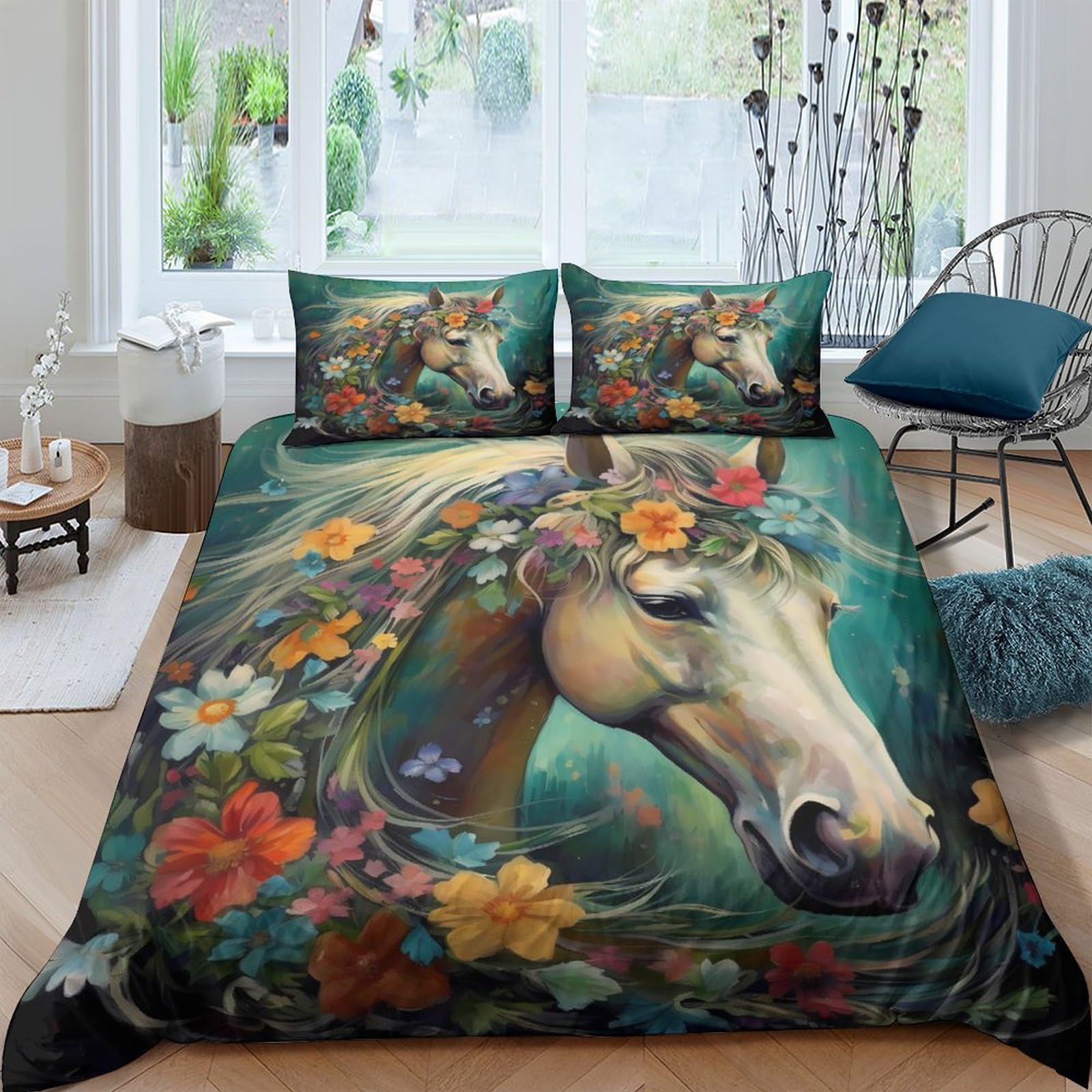 Parure de lit de 3 pièces avec fermeture à glissière housse de couette fleurs et chevaux 220x240