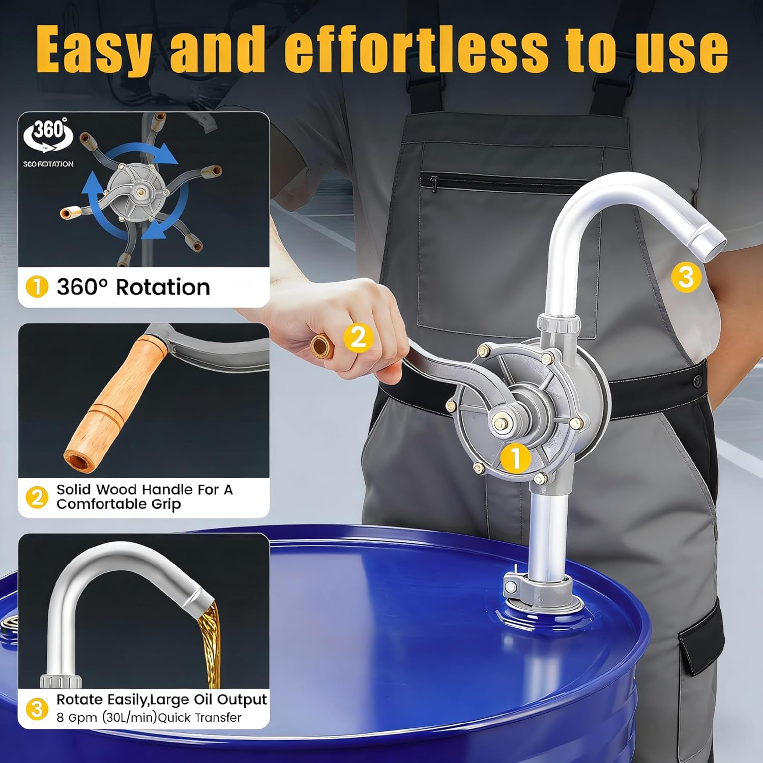 DR.tuer All-Aluminum 55 Gallon Drum Pump – Manual Fuel & Oil Transfer Pump for Diesel, Kerosene, Hydraulic & Lubricating Oils – Heavy Duty Rotary Barrel Hand Pump Fits 15–55 Gal Drums