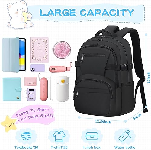 Miniatura 2 de Linda mochila para la escuela, niñas, niños, mochila escolar estética para mujeres, mochila de viaje para computadora portátil y niños, Negro