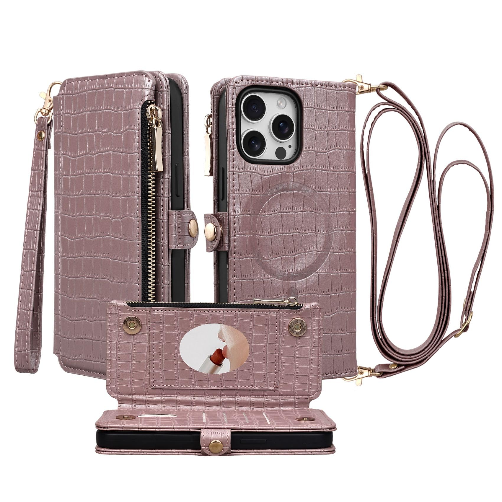 Stylivolve Crossbody Wallet Case for iPhone 15 Pro Max with Mirror, Wrist Strap, Zipper Purse Magnetic Flip RFID Blocking Card Holder, Wireless