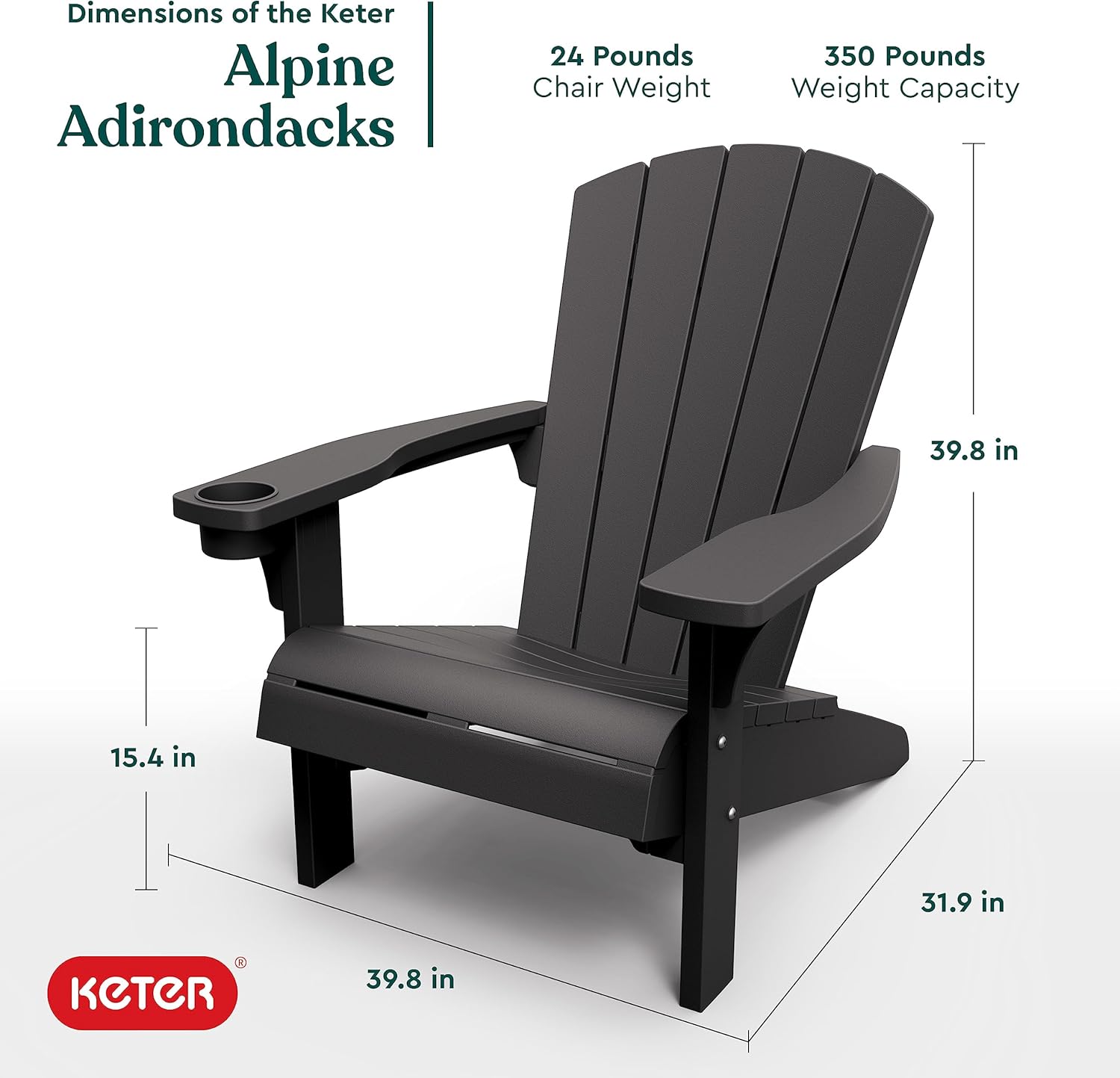 Keter Alpine Adirondack Resin Outdoor Furniture Patio Chairs with Cup Holder-Perfect for Beach, Pool, and Fire Pit Seating, Grey