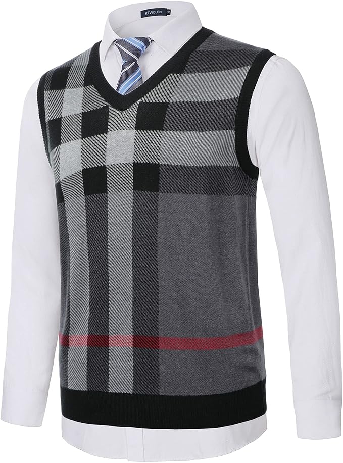 KTWOLEN Heren Casual V-hals Mouwloos Trui Vest Argyle Business Knitwear