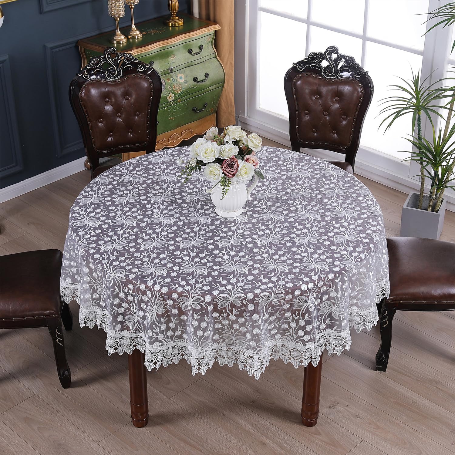 FOELANNE Embroidered Lace Tablecloth, Floral Embroidered Lace Round Tablecloth Multicolor Multiple Sizes(White,130cm)