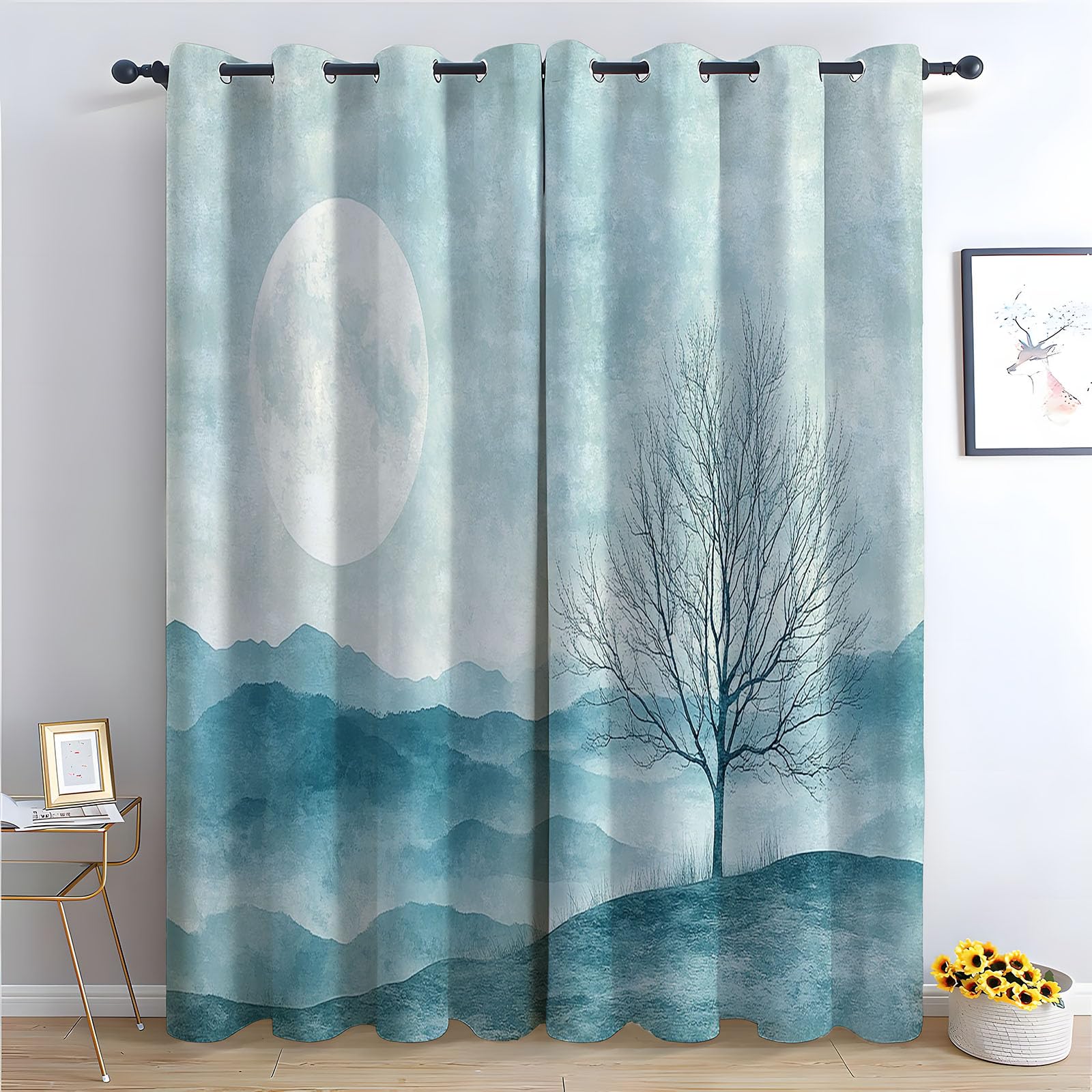 Vorhang Mit Abstrakte Linien Mondbaum Blickdichte Thermo Vorhang Kälteschutz Blackout Curtain Mädchenzimmer Schlafzimmer Verdunkelung-H220 x B132 cm (2er Pack)