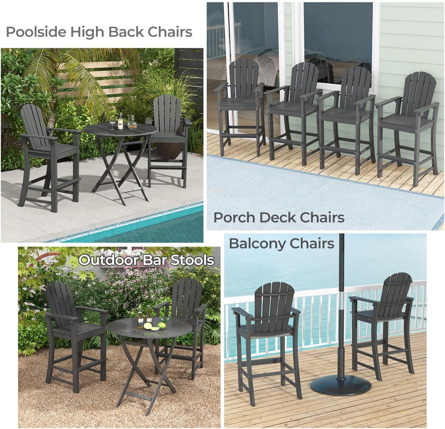 ORALNER Tall Adirondack Chairs, Set of 2 Outdoor High Back Balcony Chair, Weather Resistant HDPE Resin Plastic Bar Height Stools, 360 LBS Lifeguard Chair for Pool Patio Deck Backyard (2, Black)