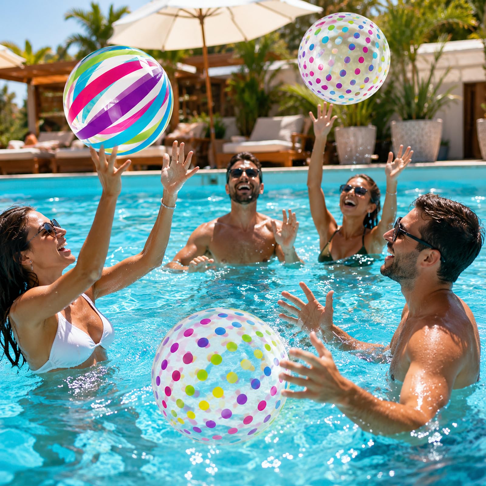 ZhouWei 4 sztuki, nadmuchiwany balon basenowy, średnica 28 cm, przenośny nadmuchiwany balon plażowy z kolorowymi paskami i kropkami, nadmuchiwana piłka plażowa dla dzieci, dorosłych, na plażę, wakacje