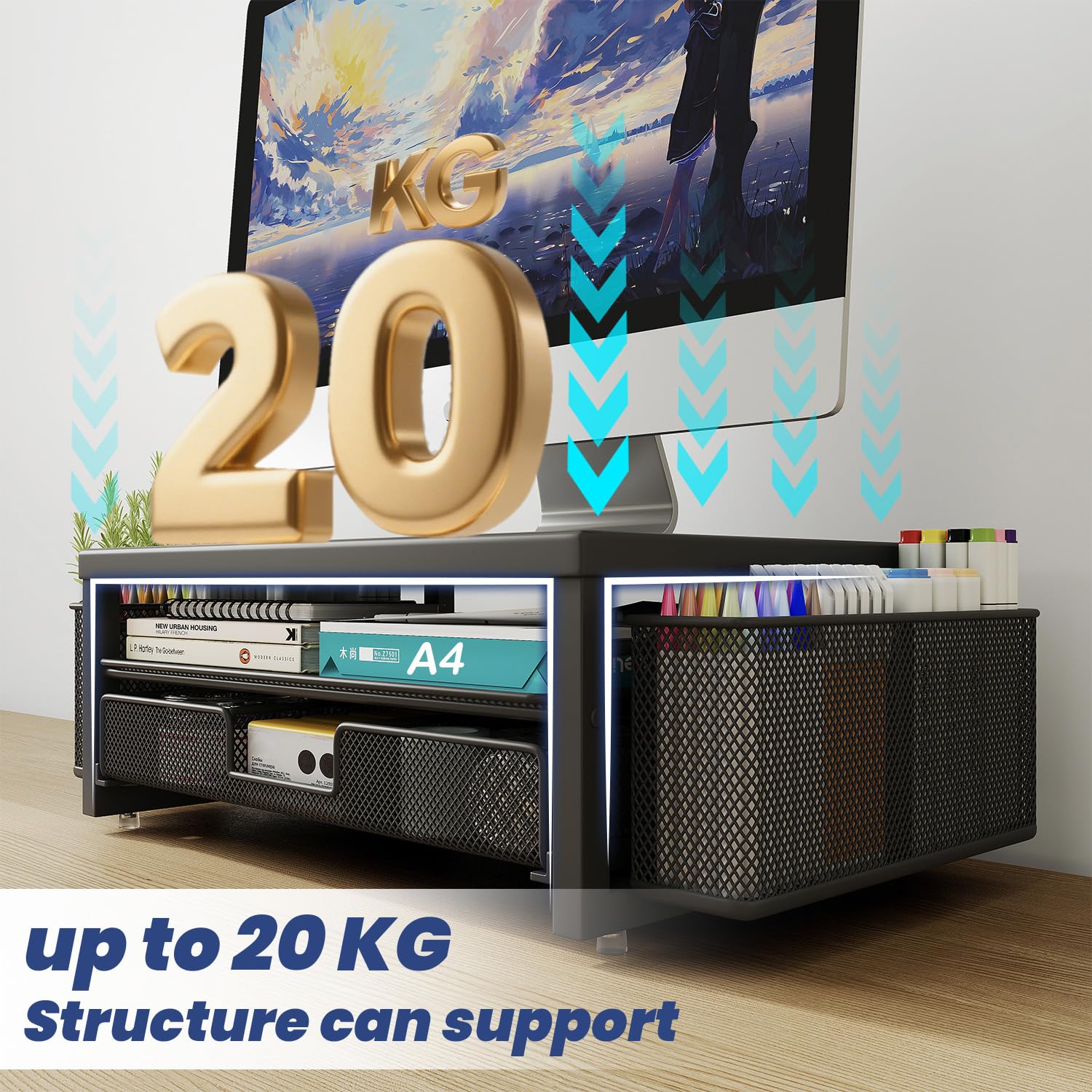 Supporto per monitor in metallo con cassetto e 2 portapenne, per scrivania, accessori da scrivania e supporto per schermo del computer, per stampante (nero) (confezione da 2)