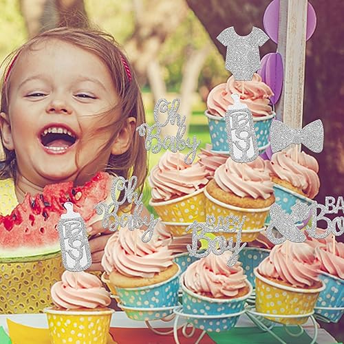 Miniatura 4 de Paquete de 24 adornos para cupcakes para bebés, niños y niñas, con purpurina para chupete, enterizo con lazo, revelación de género, para cupcakes,