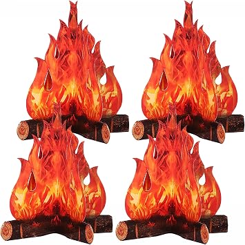 3D Fake Fire 10.6 12 Inch Artificial Fires Fake Flame Paper Decorative Cardboard Campfire Centerpiece Flame Torch for Campfire Party Decorations - Pack-of-4Pcs