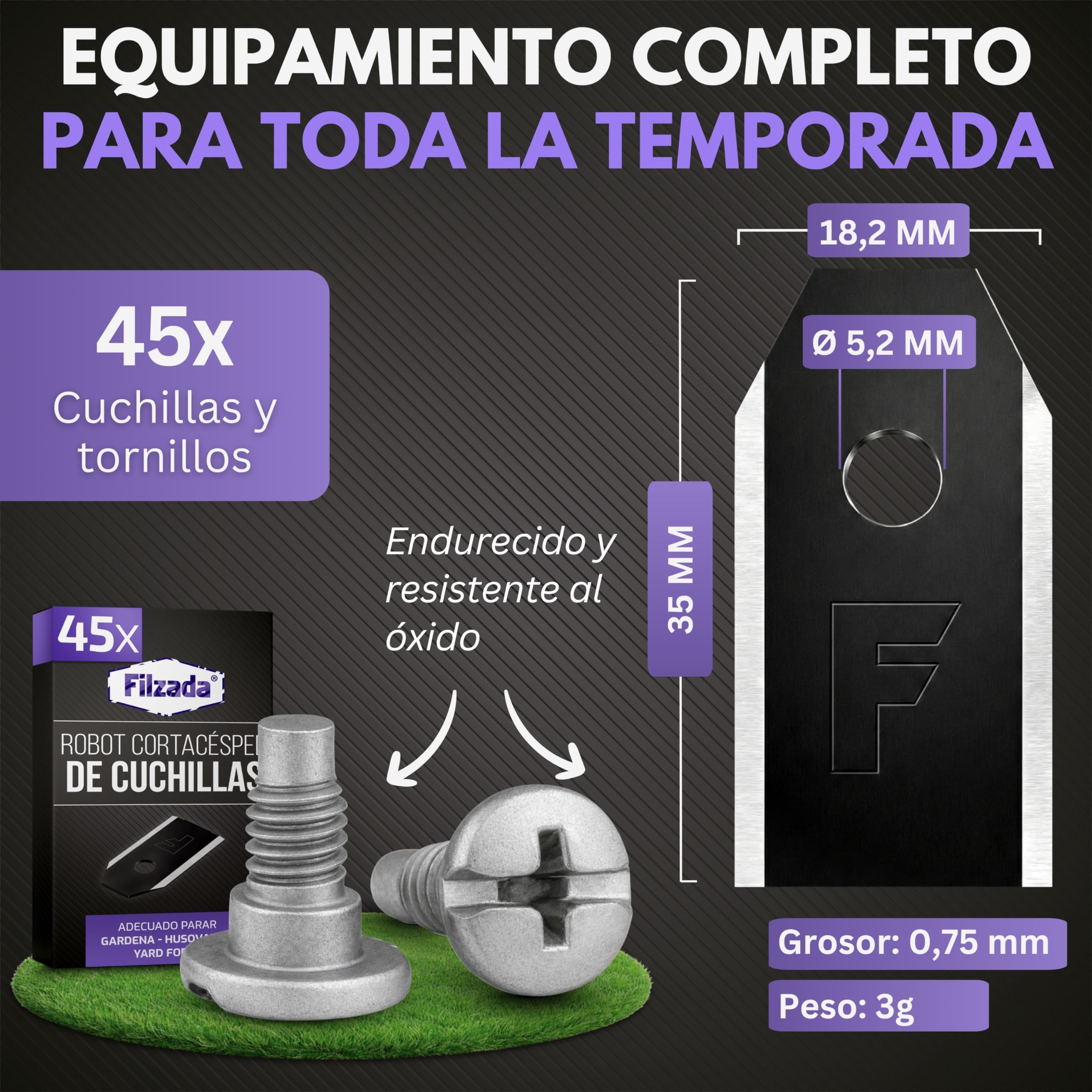 Filzada® 45x Cuchillas de titanio adecuadas para todos los cortacéspedes automáticos de Husqvarna - Cuchillas para cortacéspedes automáticos adecuadas para Husqvarna 305, 308, 310, y muchas más.