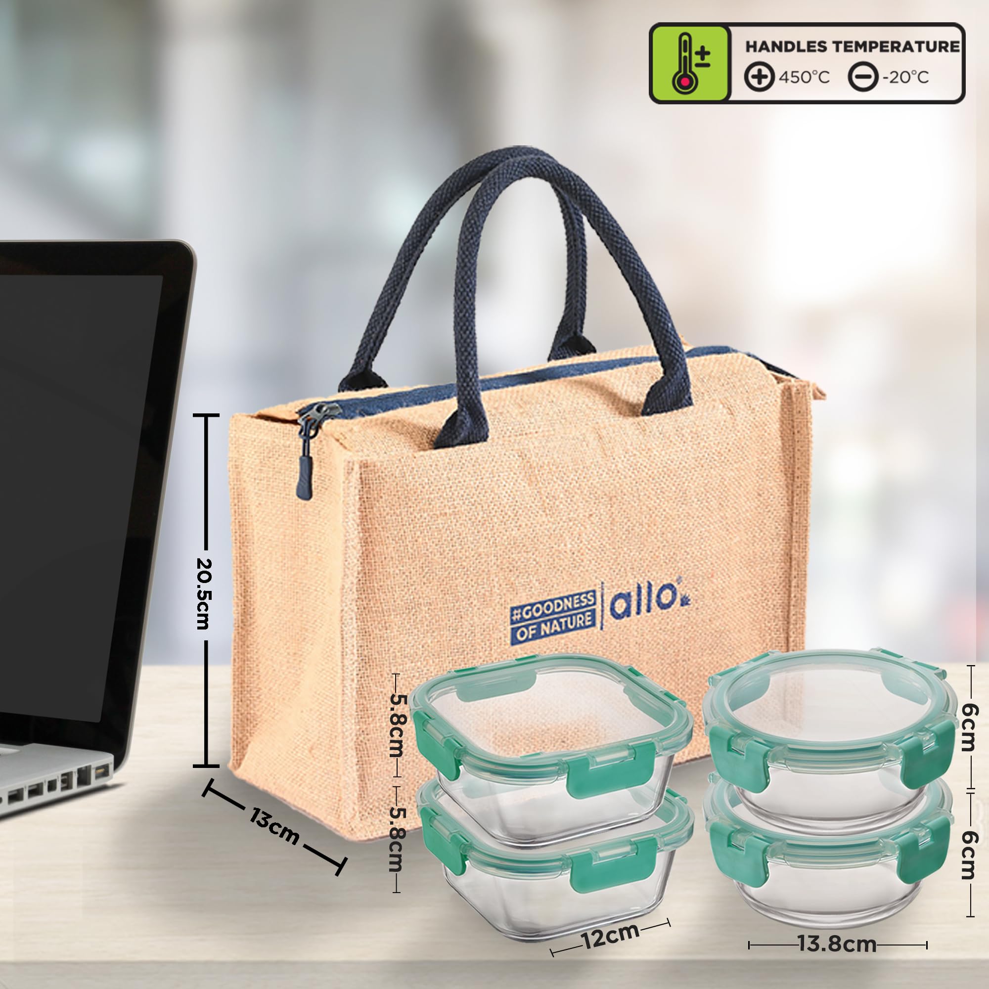 Allo Glass Lunch Box - Leakproof, Microwave Safe & with Jute Bag -2