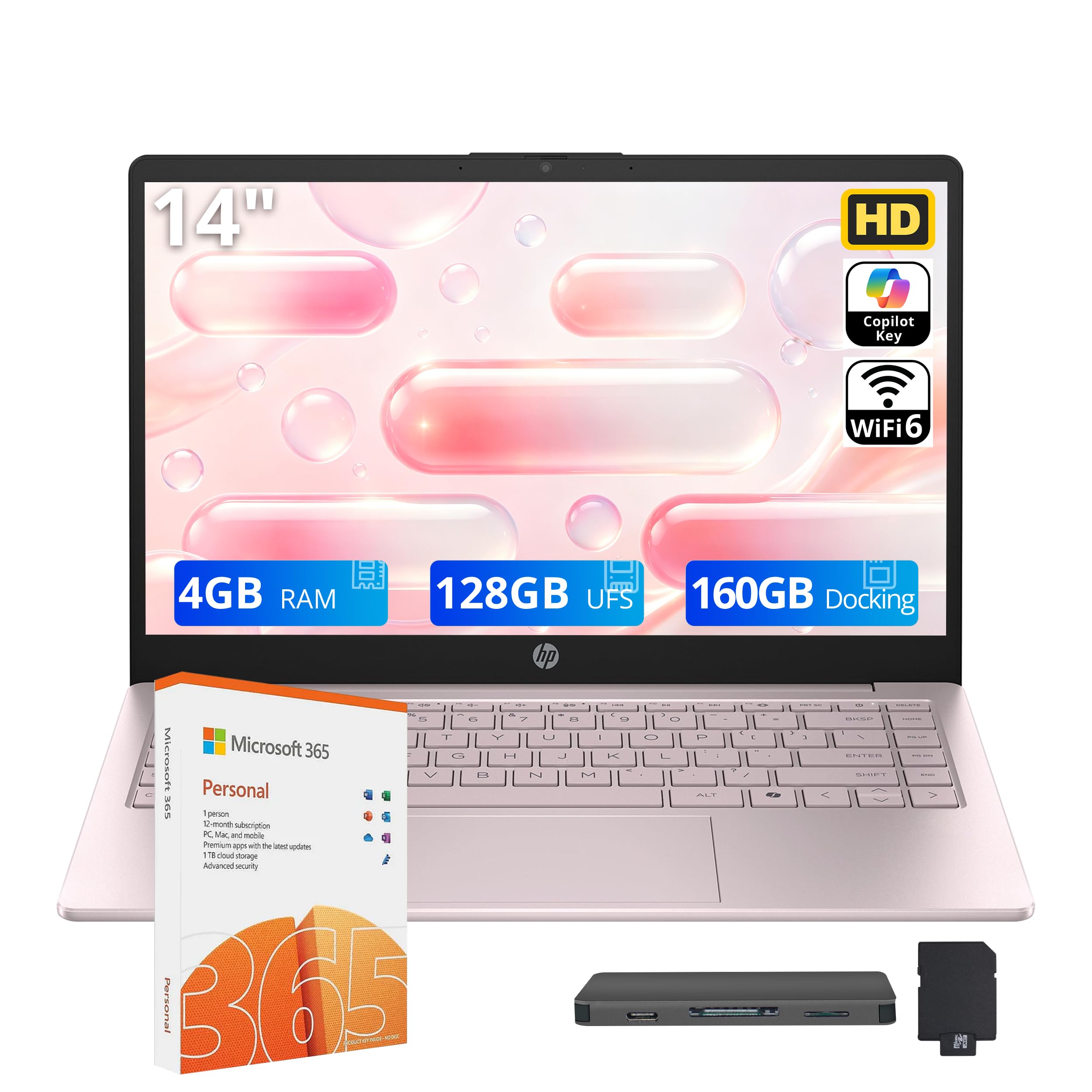 HP Flagship 14" HD Student&Business Laptop, 13th Gen Intel 4-Core, 4GB RAM, 288GB Storage (128GB UFS + 160GB Docking Station), 1 Year Office 365, AI Copilot, Wi-Fi 6, Win 11 S, Tranquil Pink
