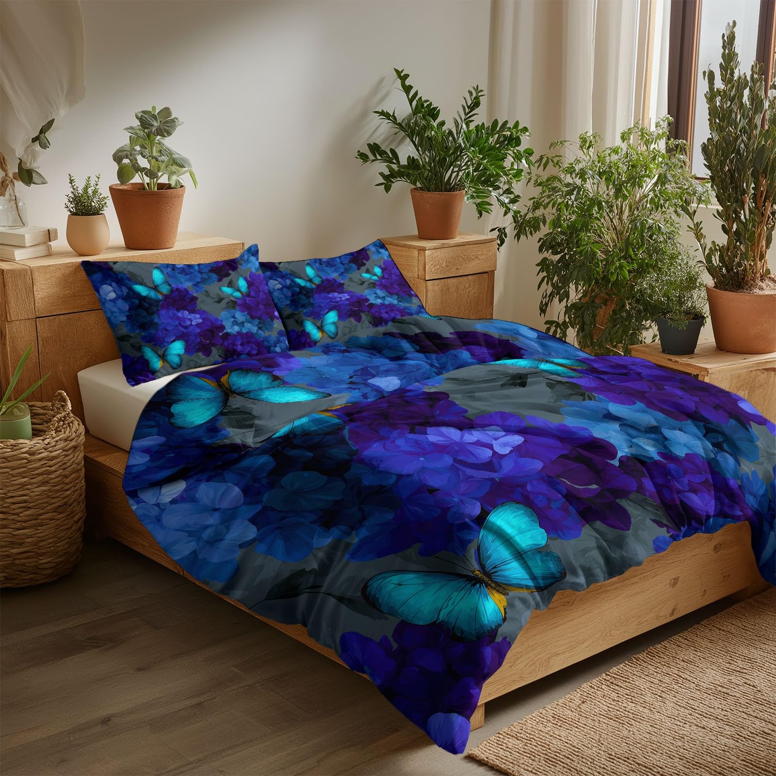 Generico Sztuka cyfrowa Hortensja Butterfly 3-częściowy zestaw poszewek na kołdrę 200 x 200 cm, ciemnoszary nadruk poszwa na kołdrę z zamkiem błyskawicznym i poszewkami na poduszki, poszewka na kołdrę
