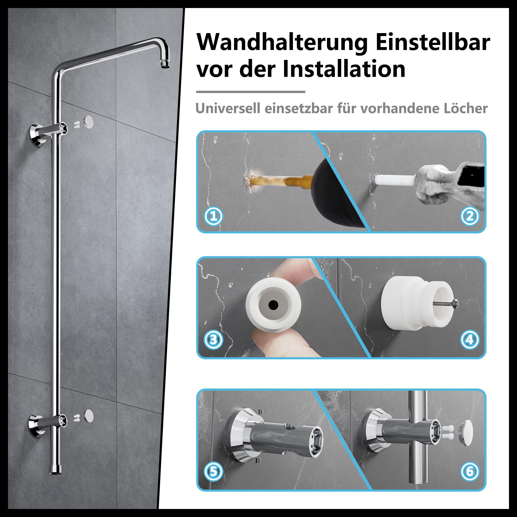 JOHO Colonna Doccia Acciaio Inox senza Miscelatore, Accessorio per Sistema Doccia, Compatibile con Fori Esistenti, Asta Doccia Saliscendi 91 cm, Cromo