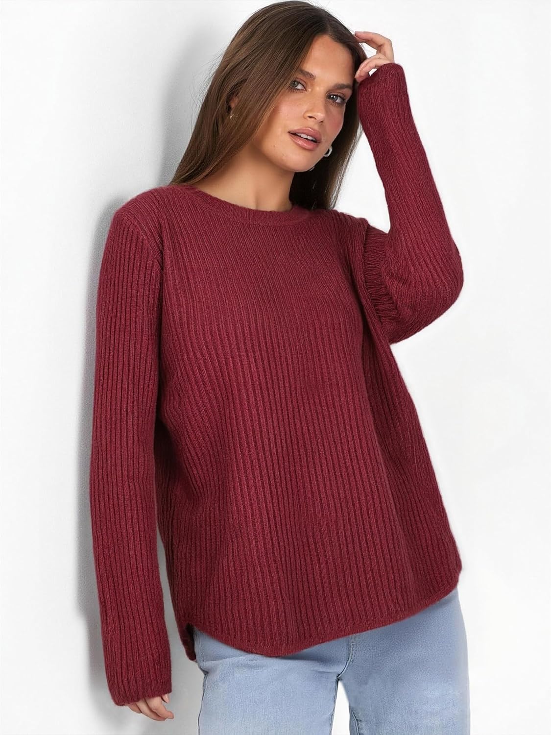Women's Ribbed Knit Pullover Sweater One Size Fits Most Loose Fit Crew Neck Casual Fall Top - Image 4