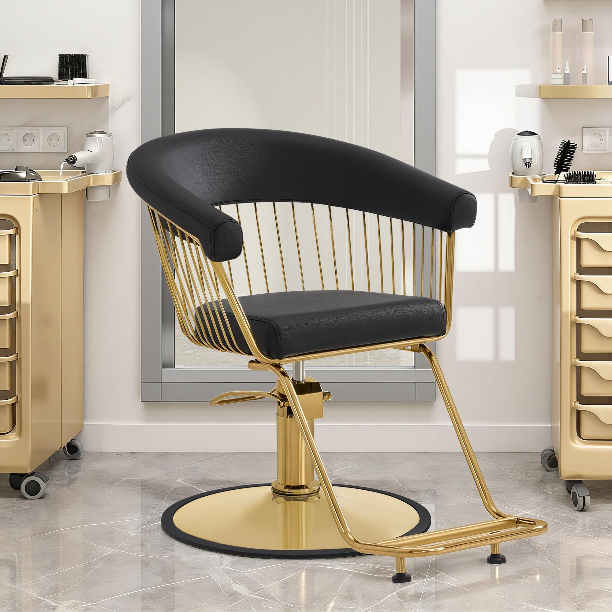 Barberpub Sedia da parrucchiere idraulica regolabile in altezza 13 cm & girevole 360°, seduta per salon, attrezzatura per parrucchieri, ecopelle, sedia servizio per salon, oro-nero, 2053