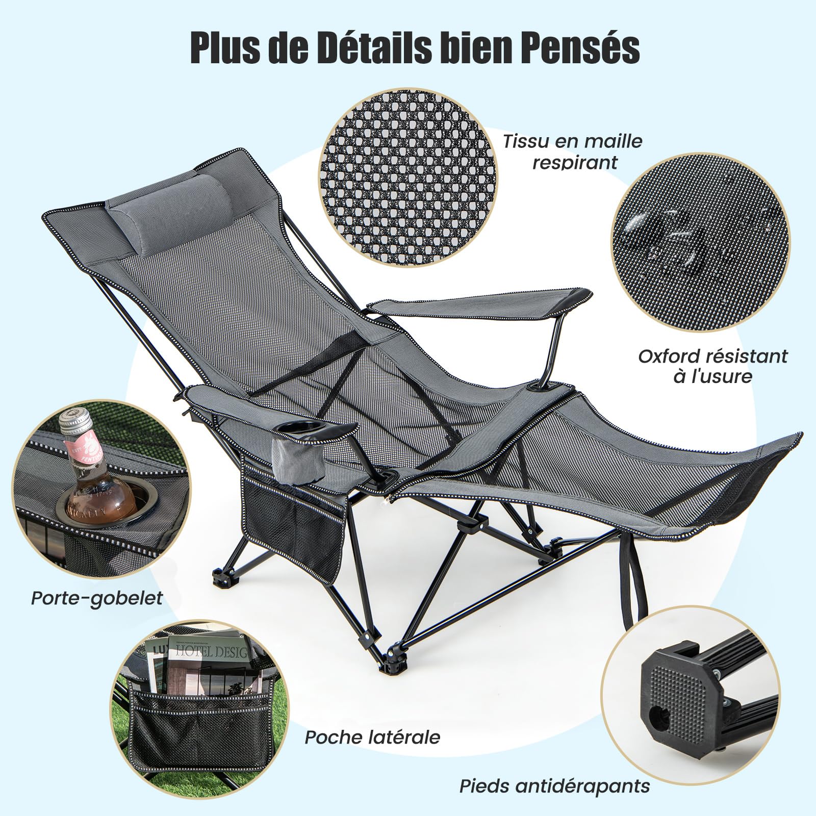 COSTWAY Chaise Pliante Camping, Chaise Longue Réglable sur 4 Positions, Repose-Pieds Amovible, Appui-Tête, Poche, Porte-Gobelet, Fauteuil Inclinable pour Plage Pêche Bureau, Charge 150 KG, Gris