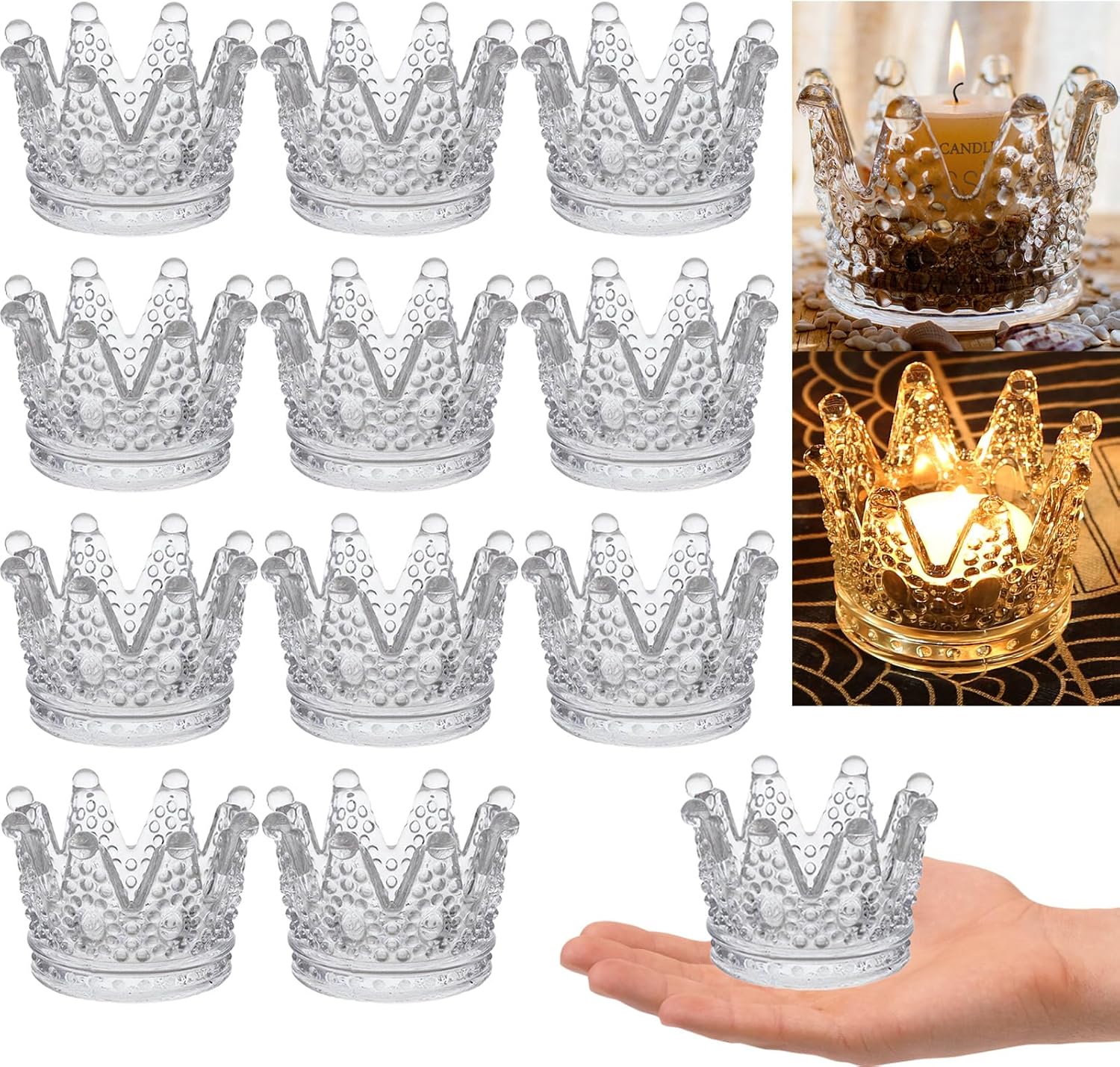 GOLDEAL 24 Pcs Clear Crown Glass Tealight Candle Holders,Votive Candle Holders Bulk,Candlestick for Wedding,Party,Dinner, Home Table Decorative.