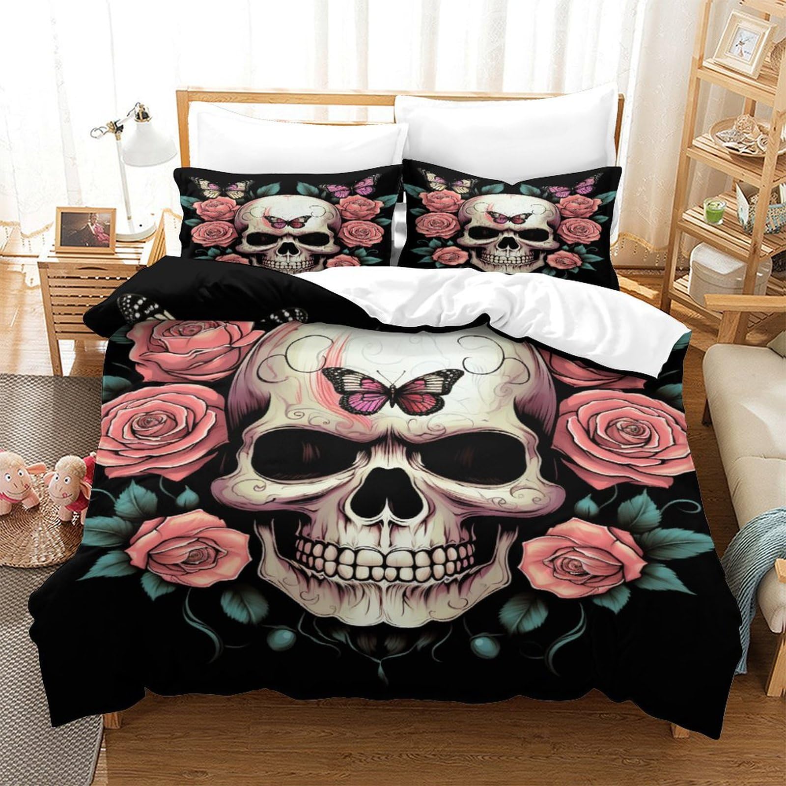 P1S9U7W5Y Gothic Skull Rose 3D Printed Duvet Cover Set 3pcs Microfiber Butterfly Bedding Set Double