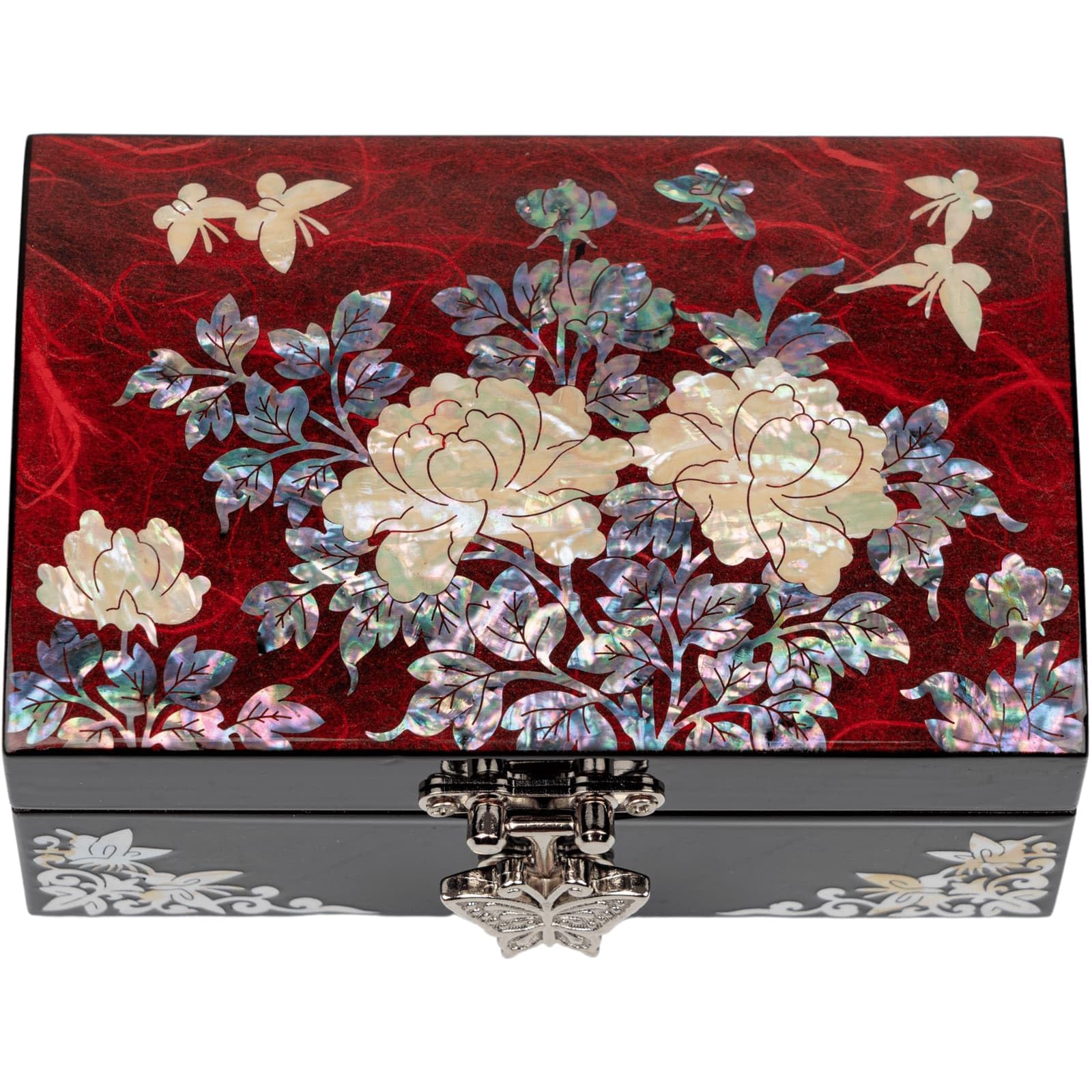 February Mountain Korean Mother of Pearl Jewelry Box Red Floral Peony Design with Butterfly Clasp Removable Velvet Tray