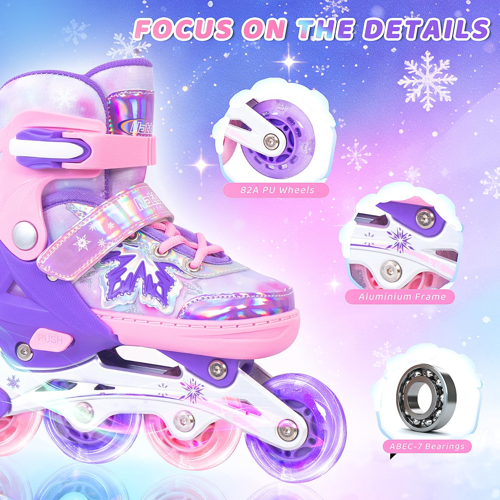 Nattork Patins à roulettes réglables - Flocons de neige - Pour filles et garçons - Sûrs et confortables pour les débutants