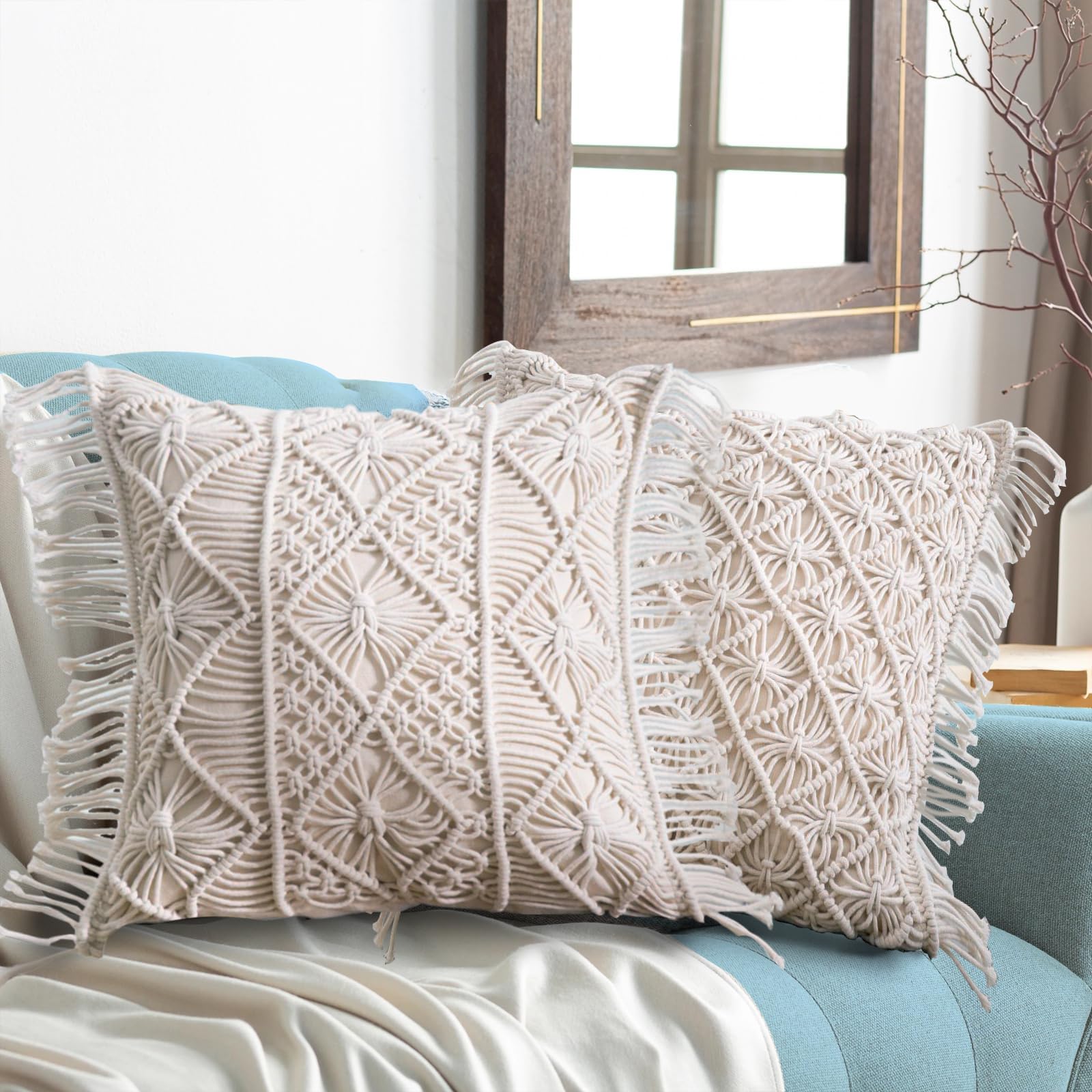 Amagabeli Macrame Cushion Covers 45X45 cm Sofa Weave Cushion Covers, Set of 2 Decorative Boho Throw Pillow Cover Beige Woven Throw Pillow Covers