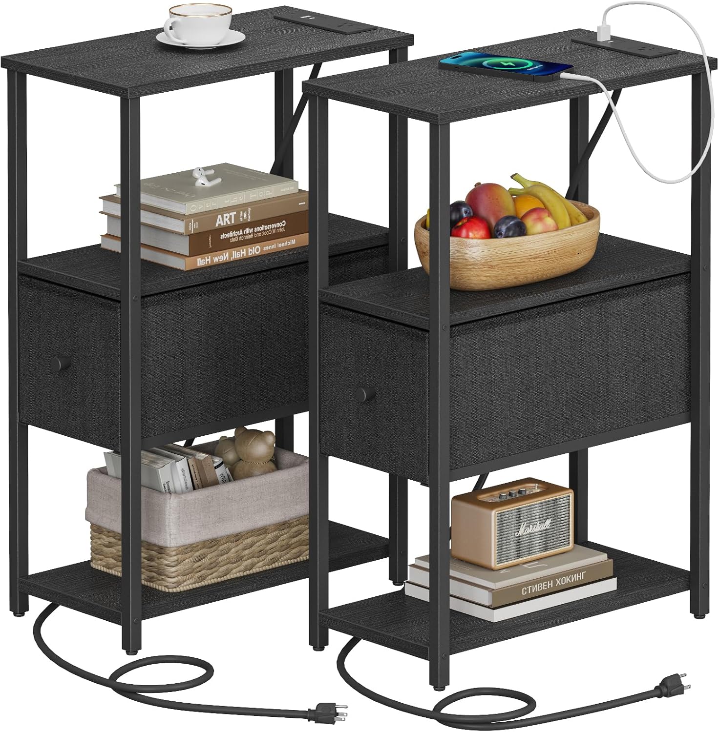 TUTOTAK Small Narrow End Table with Charging Station, Set of 2, Side Table with Outlets, Nightstand with Cloth Drawer, Couch Table, for Living Room, Bedroom, Bedside, Black TB01BK058 Black With Plug
