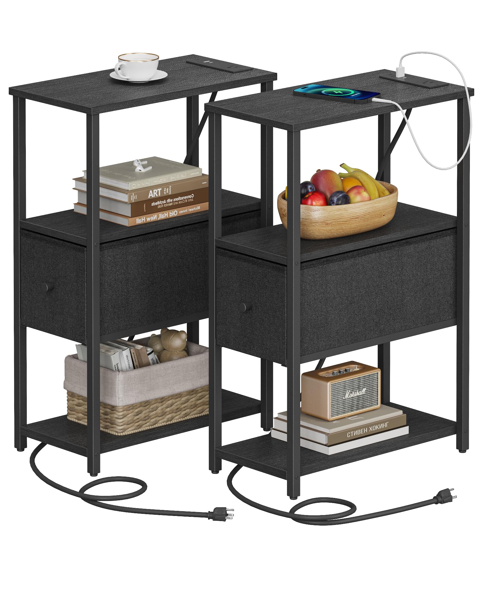 TUTOTAK Small Narrow End Table with Charging Station, Set of 2, Side Table with Outlets, Nightstand with Cloth Drawer, Couch Table, for Living Room,