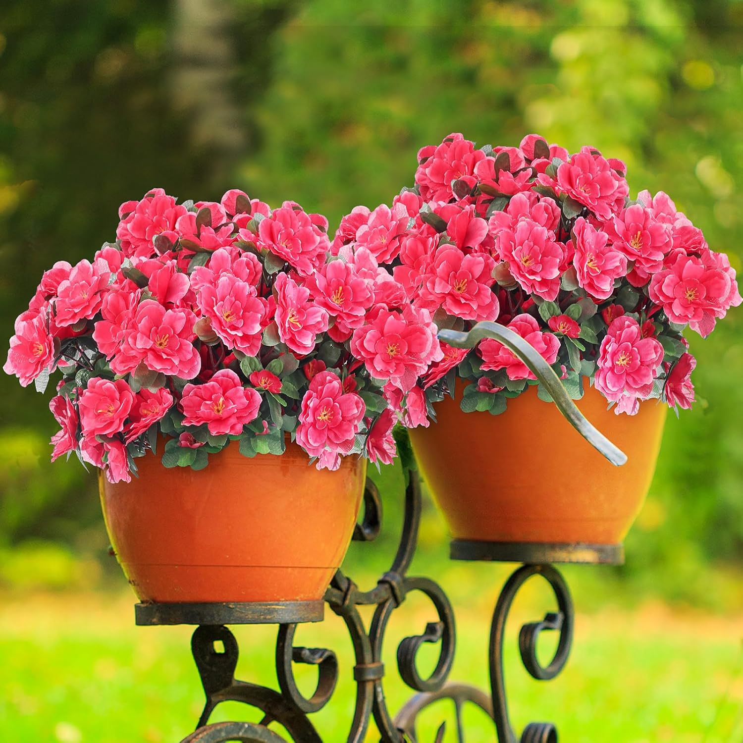 30 Pcs Fake Silk Azalea Bouquet Flower Artificial Flowers for Outdoors UV Resistant Realistic Colorful Faux Spring Floral for Outdoor Garden Window Porch Pots Wedding Decor(Rose Red) - Image 4