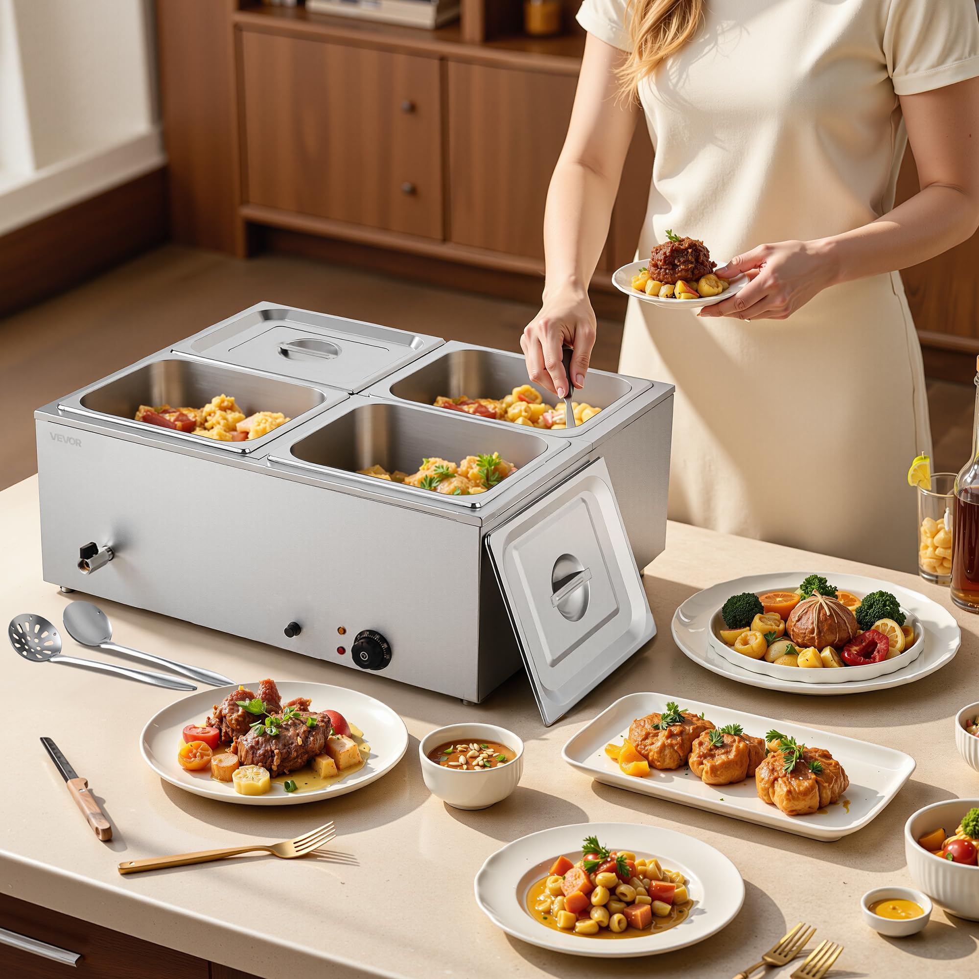 VEVOR Calentador de Alimentos 1500 W, Eléctrico, Acero Inoxidable, con Vapor y Tapa, a 4 Bandejas de Calentamiento Rápido, a Buffet de Encimera, Baño María con Cucharones para Sopa y Perforados