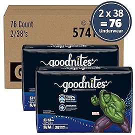 Goodnites Boys\' Bedwetting Underwear, Size S/M (43-68 lbs), 76 Ct (2 Packs of 38), Packaging May Vary
