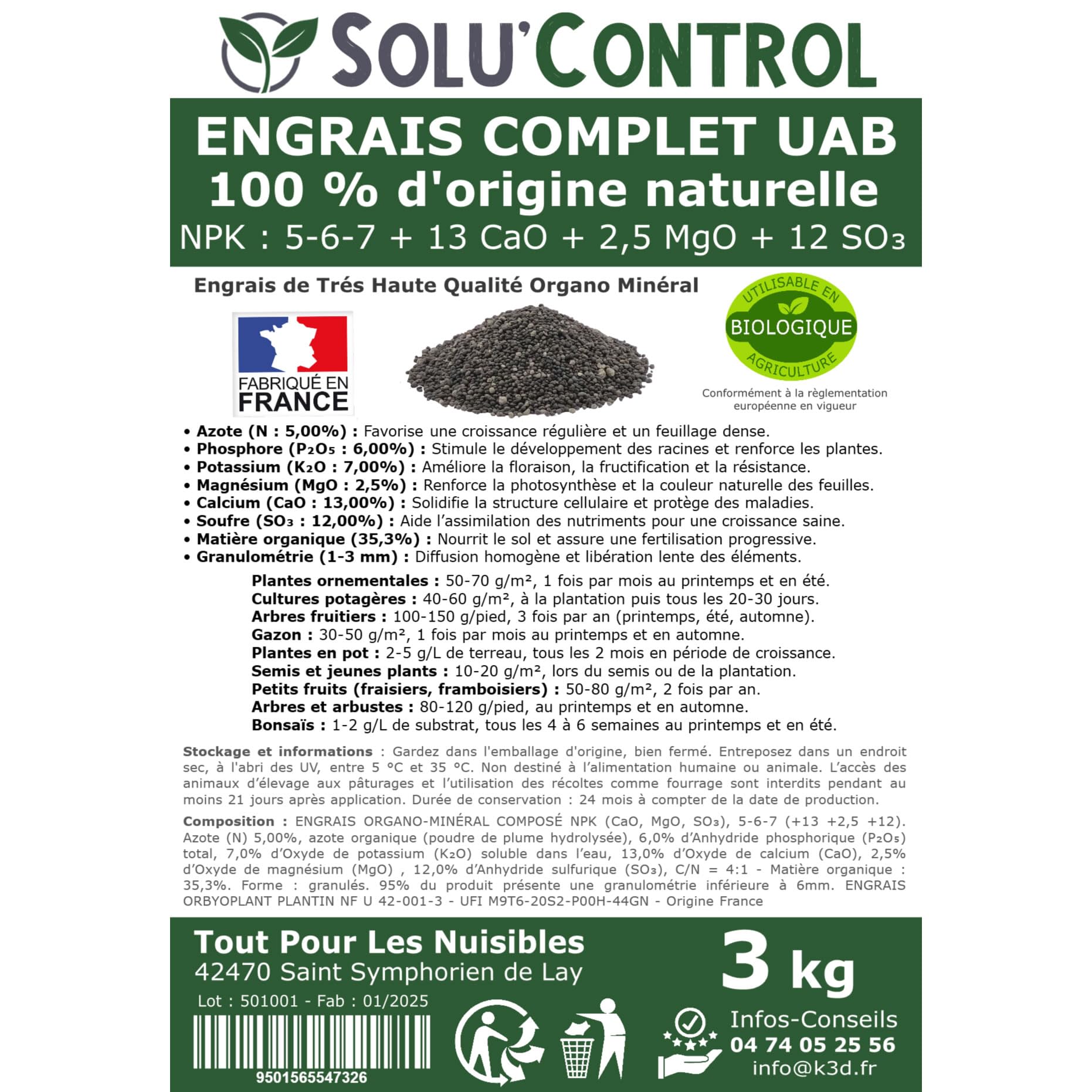3 kg d'ENGRAIS COMPLET universel et équilibré - SoluControl - UAB - Utilisable en Agriculture BIOLOGIQUE
