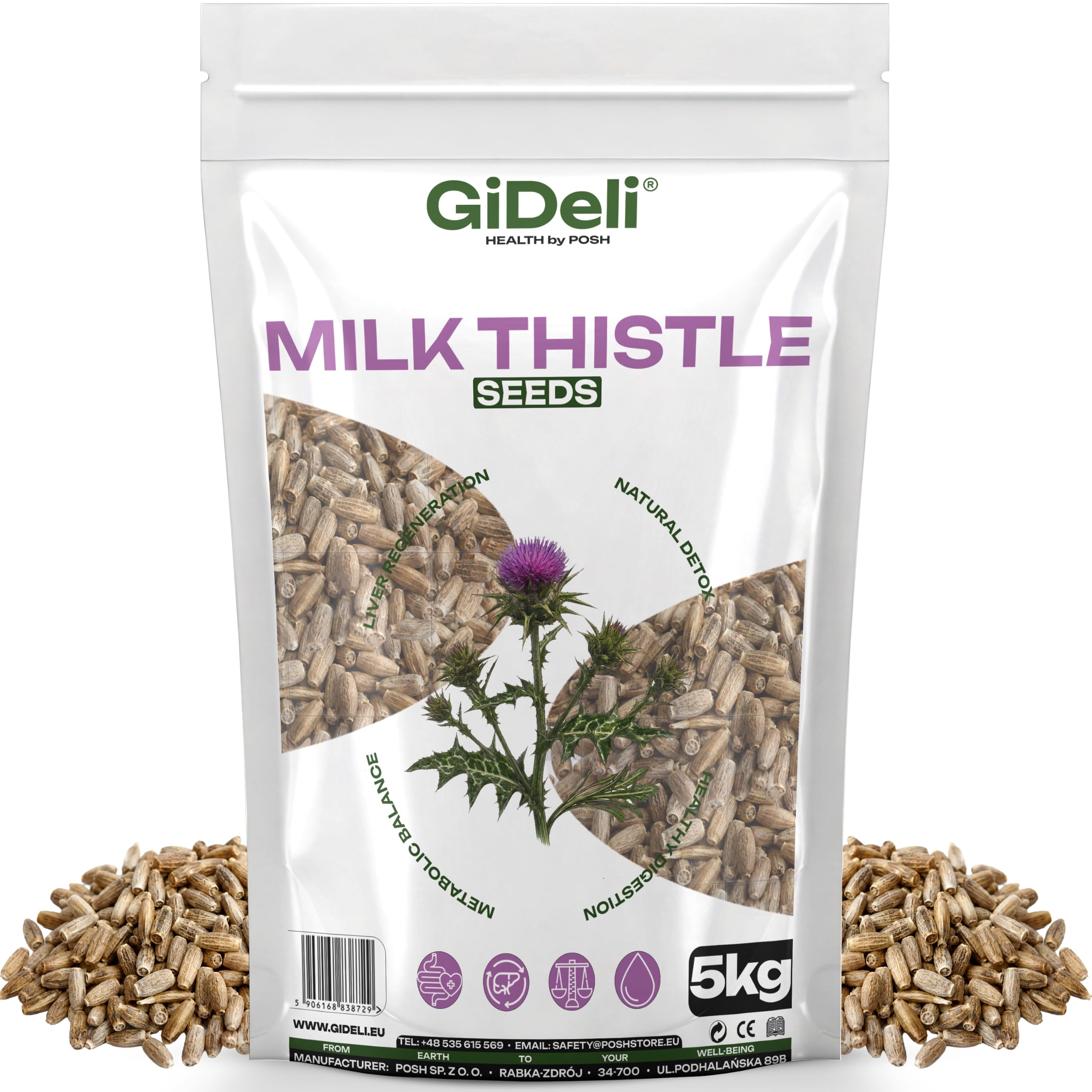 GiDeli Semillas de cardo mariano 5 kg – 100% semillas enteras sin aditivos para la nutrición diaria – Contenido natural de silimarina – Ideal para yogur, cereales, batidos y ensaladas – Origen