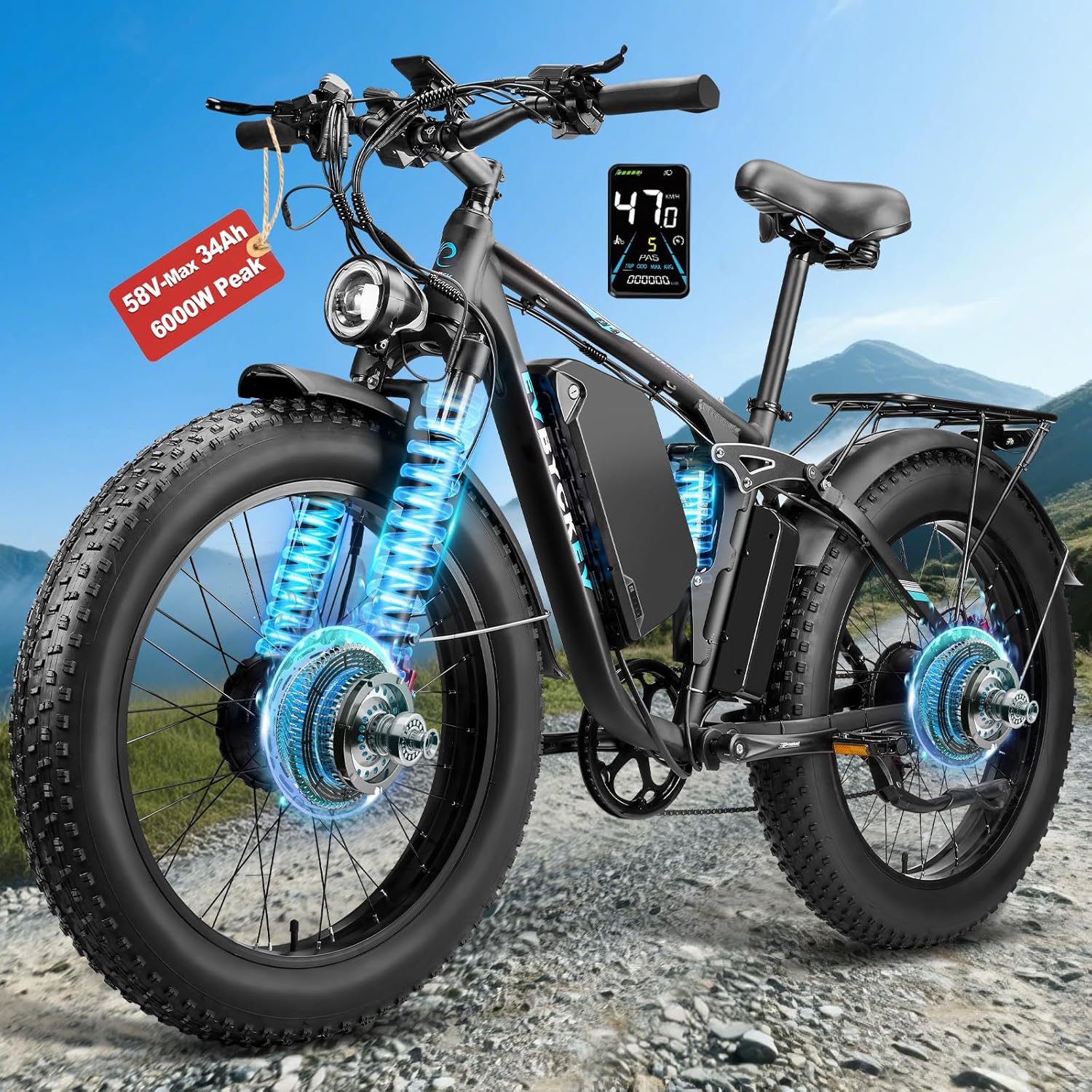 6000W Peak Electric Bike for Adults,58V Max-Output 1856Wh Dual Motor Ebike,34Ah Battery 47MPH Up to 105Miles Fast Ebike,24"x4.0 Fat Tire E Bike,Full-Suspension Mountain E-Bike for Beach Snow Off-Road