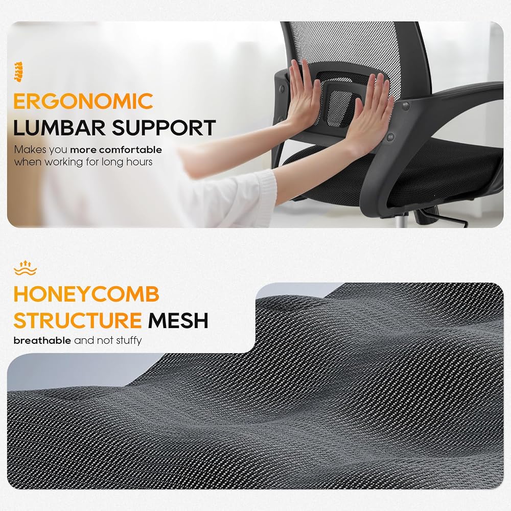 BestOffice | Ergonomic Office Chair | Mid-Back Swivel Desk Chair | Breathable Backrest & Lumbar Support | Adjustable Height | Sponge Seat | Rolling Wheels | Dark Black | for Adults & Women
