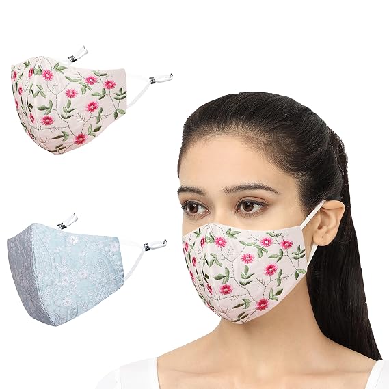MASQ By Q-One 4 Layer Washable, Reusable, Size Adjustable, Anti-Bacterial (BFE>99%) Embroidered Cotton Cloth Face Mask Combo for Women, Girls with Detachable Chain & Mask Bag (Multicolor, Pack of 2)