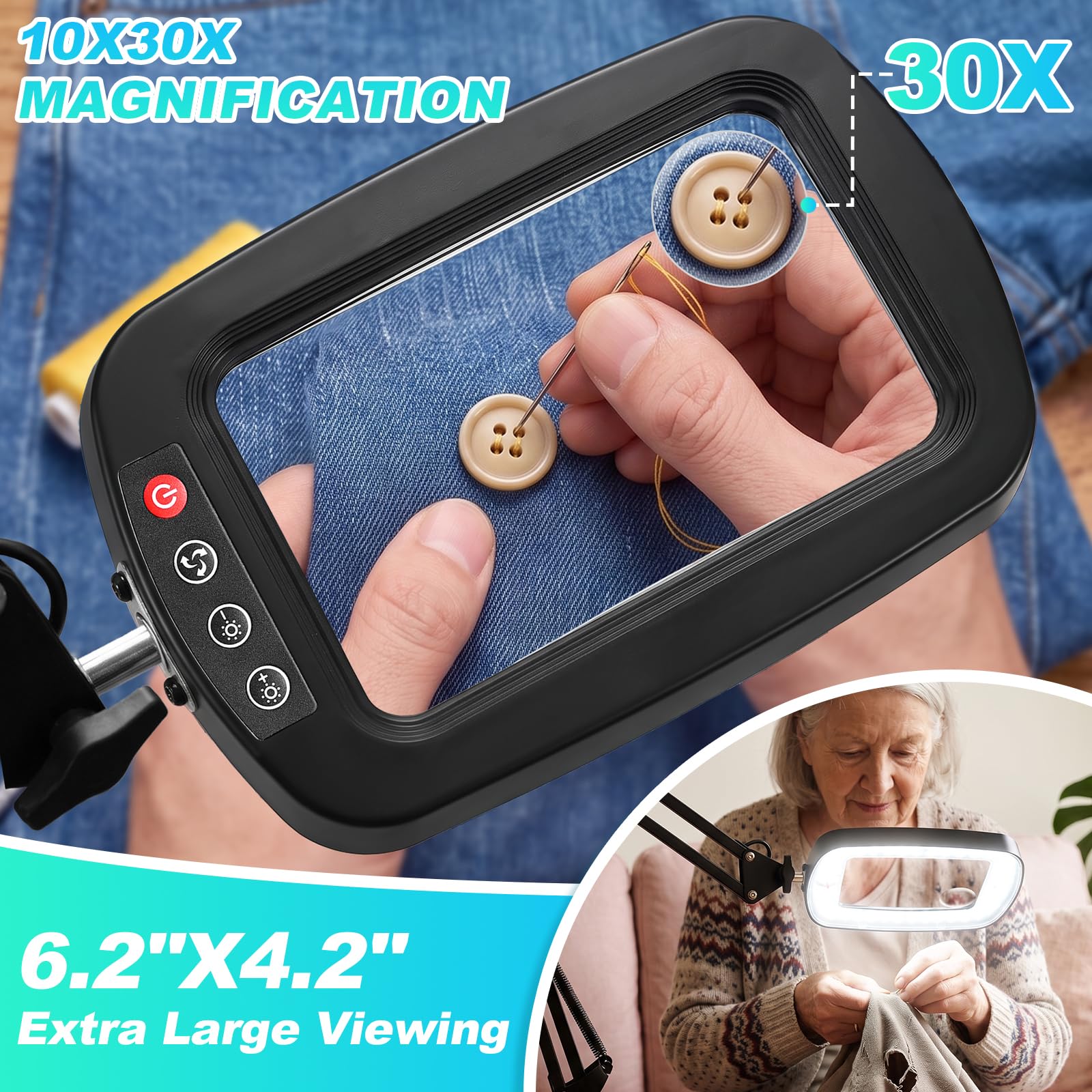 NZQXJXZ Lupa con Luz 10X 30X con Pinza para Lectura y Hobbies | Brazo Flexible 75 cm, Lente Acrílica Grande, 3 Modos de Luz, Brillo Regulable y Pinza Práctica para Uso Manos Libres