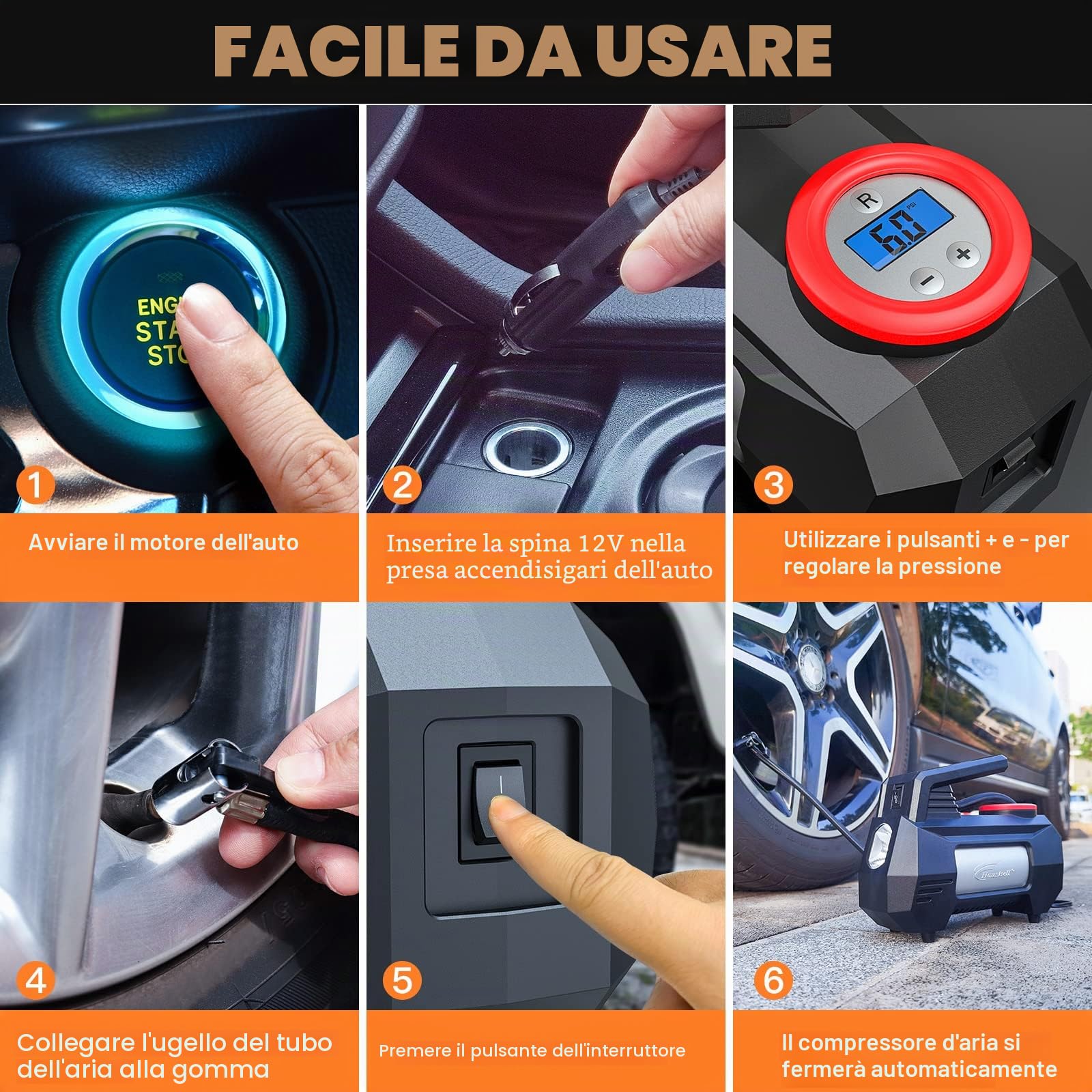 Compressore d’Aria per Auto HAUSBELL 12V, Gonfiatore Digitale 150 PSI con Spegnimento Automatico, Luce LED di Emergenza, Adattatori Valvola – Accessorio Portatile per Gonfiaggio Rapido (Nero)