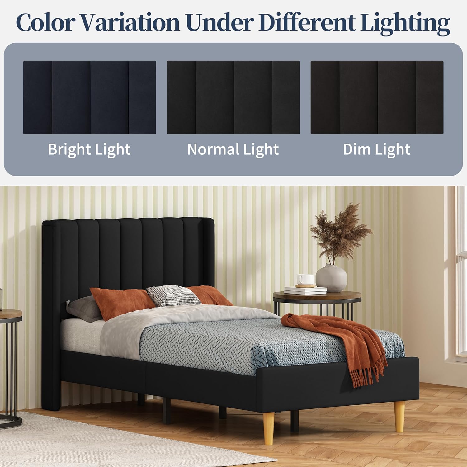 Twin Bed Frame Upholstered Platform Bed with Fabric Wingback Headboard, Durable Wooden Slats, Non-Slip and Noise-Free, No Box Spring Needed, Easy Assembly, Black