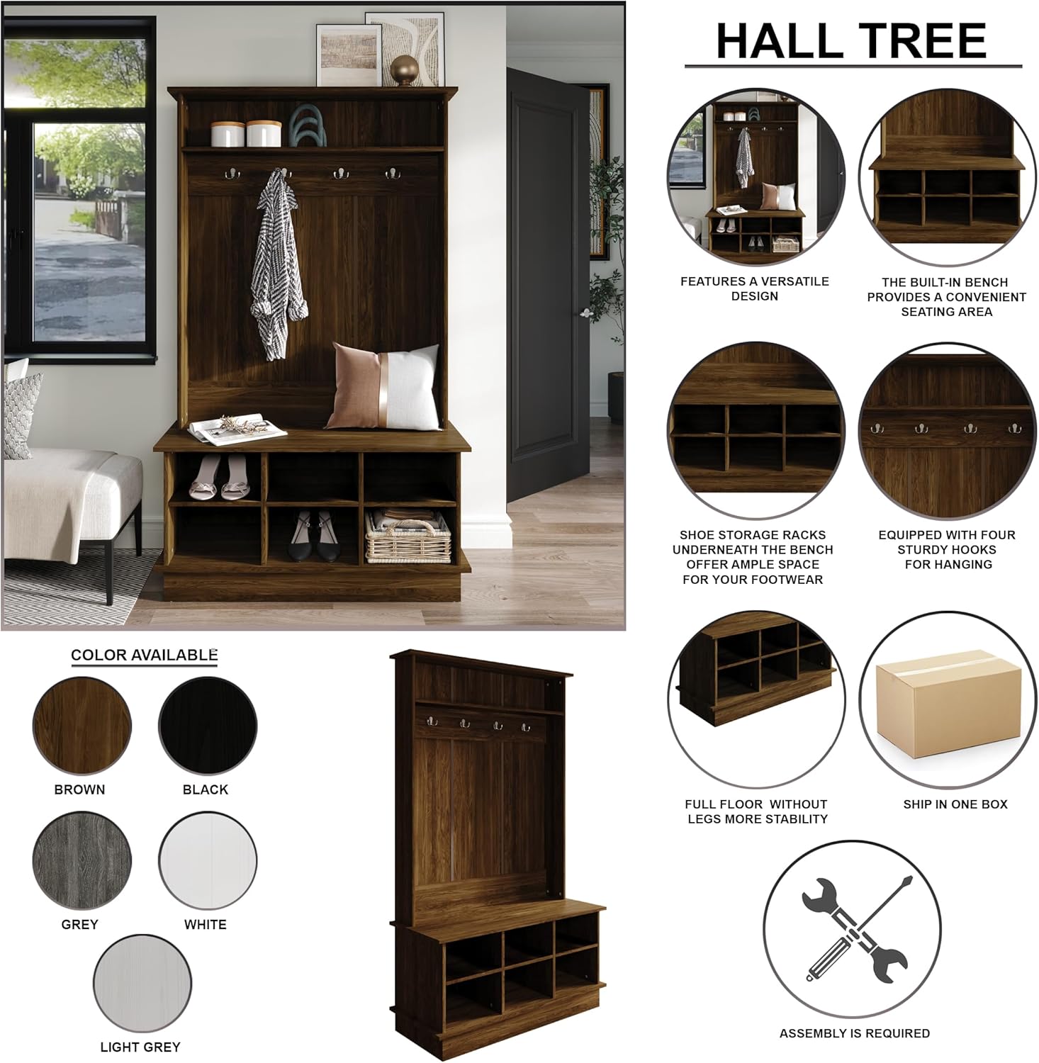 Entryway Hall Tree with Bench and 6 Storage Cubbies, White