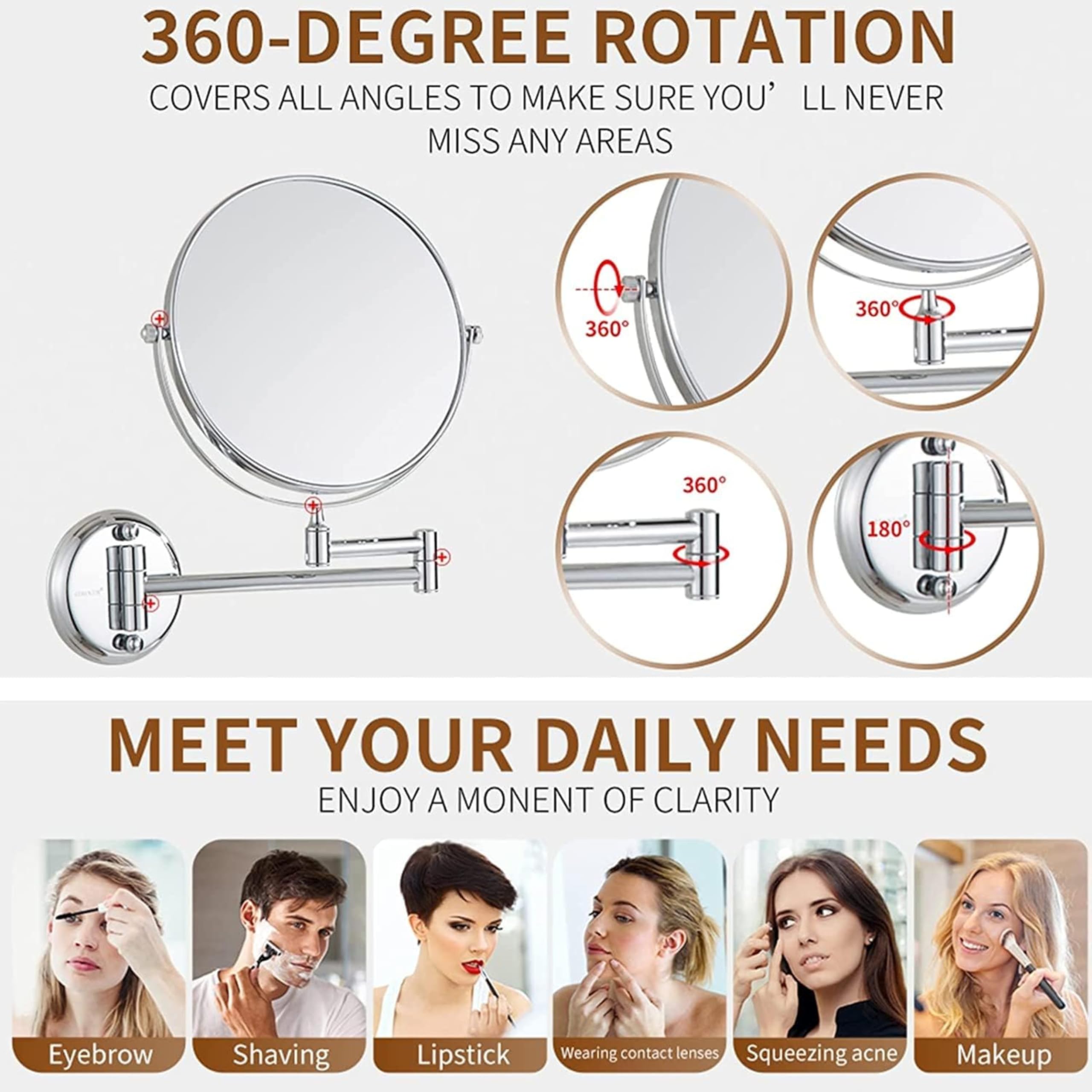 Plantex Brass Magnifying Mirror - 5x & 1x, Wall Mount -2 Plantex Brass Magnifying Mirror - 5x & 1x, Wall Mount -2