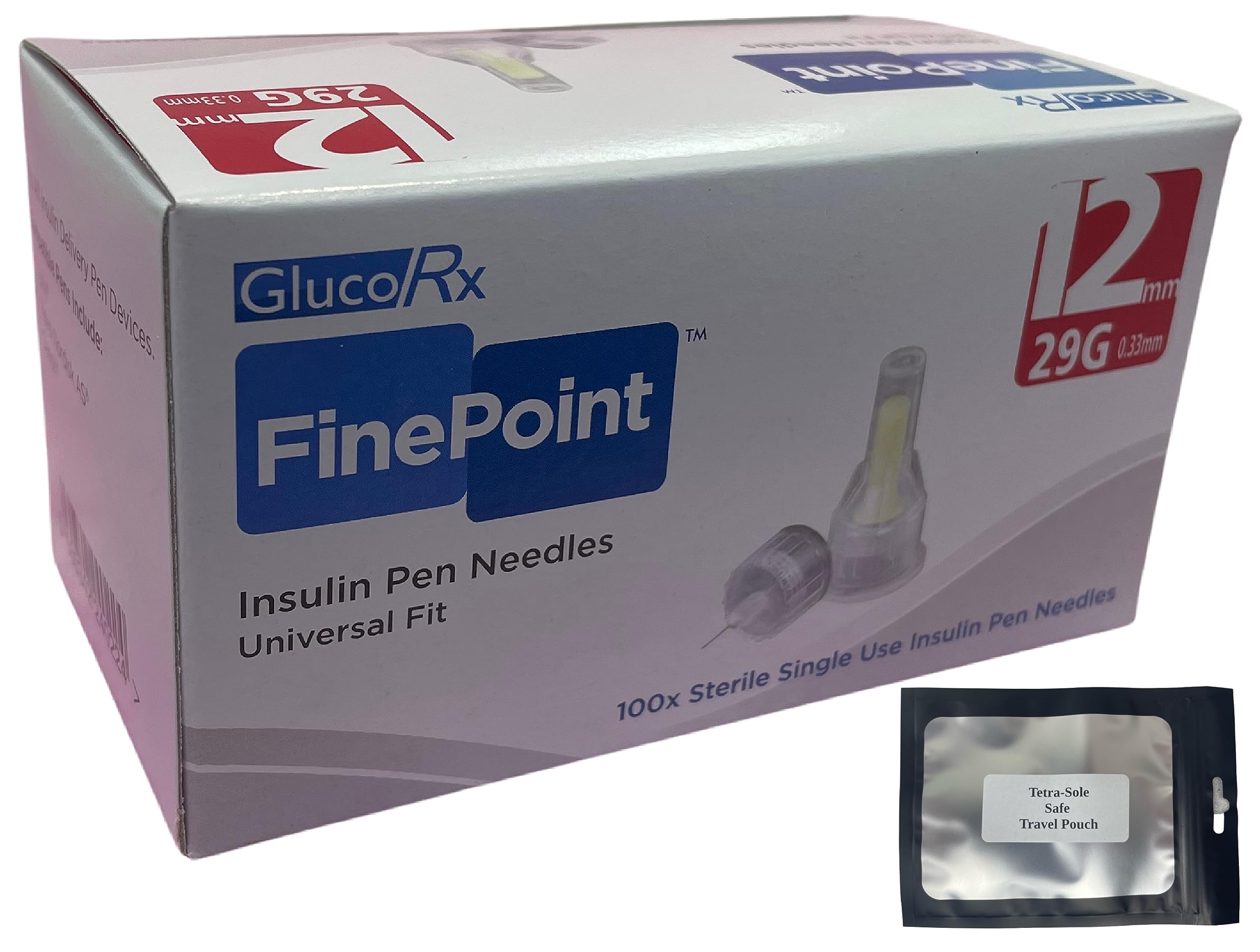 Glucorx FinePoint + Tetra-Sole™ Pouch: 4mm/31G: 5mm/31G: 6mm/31G: 8mm/31G: 12mm29G: Diabetic Insulin Pen Tips (100 Pcs/Box) (12mm 29G)