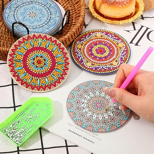 Miniatura 7 de SANNIX 6 posavasos de pintura de diamante con soporte, posavasos de arte de diamante, posavasos de mandala, kit de posavasos de pintura de diamante