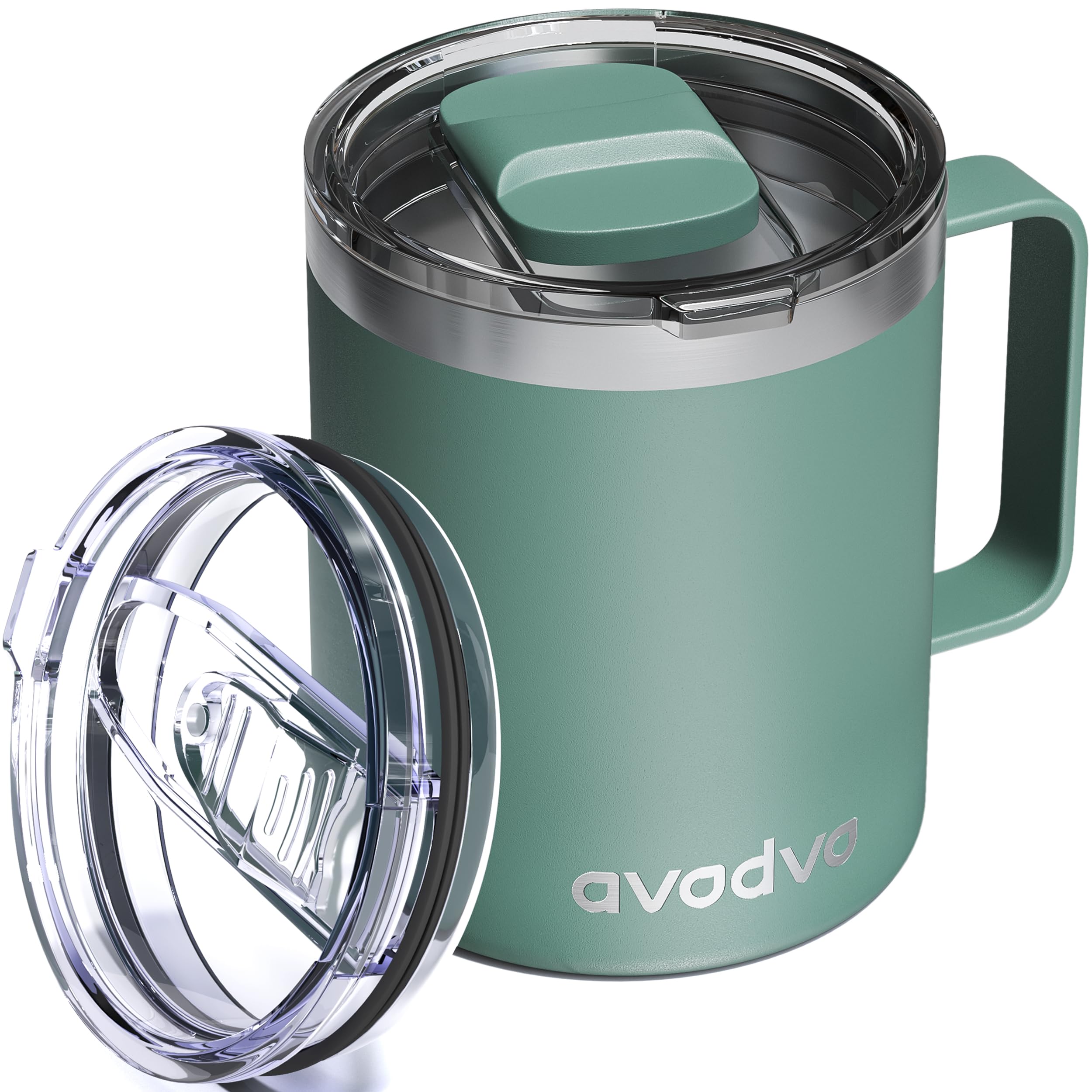12oz Insulated Coffee Mug with 2 Lids &amp; Handle, Stainless Steel Cup