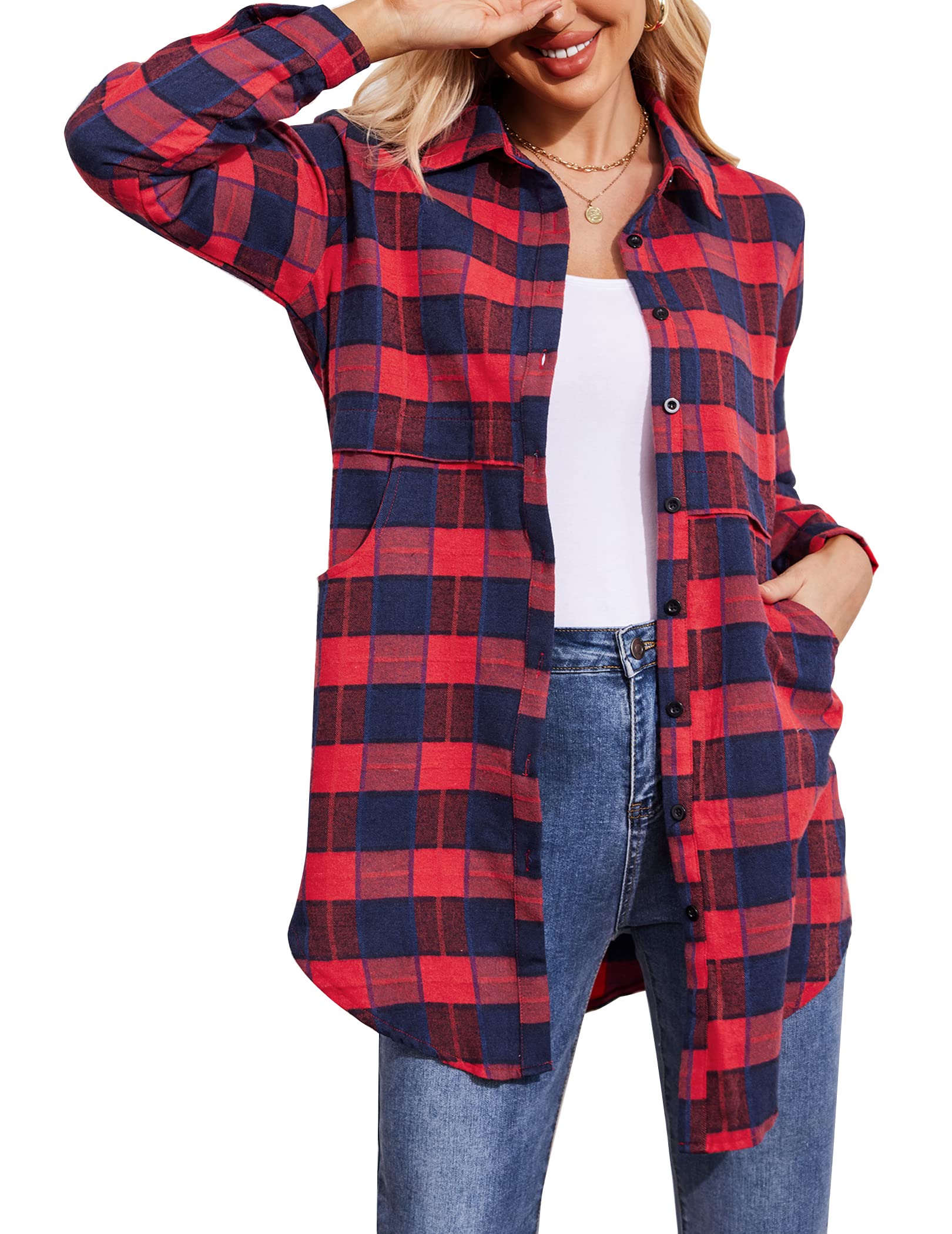 ELESOLWomen's Shacket Jacket Women Long Plaid Shirts Fall Flannel Shirts Cotton Roll Up Long Sleeve Casual Boyfriend Blouse