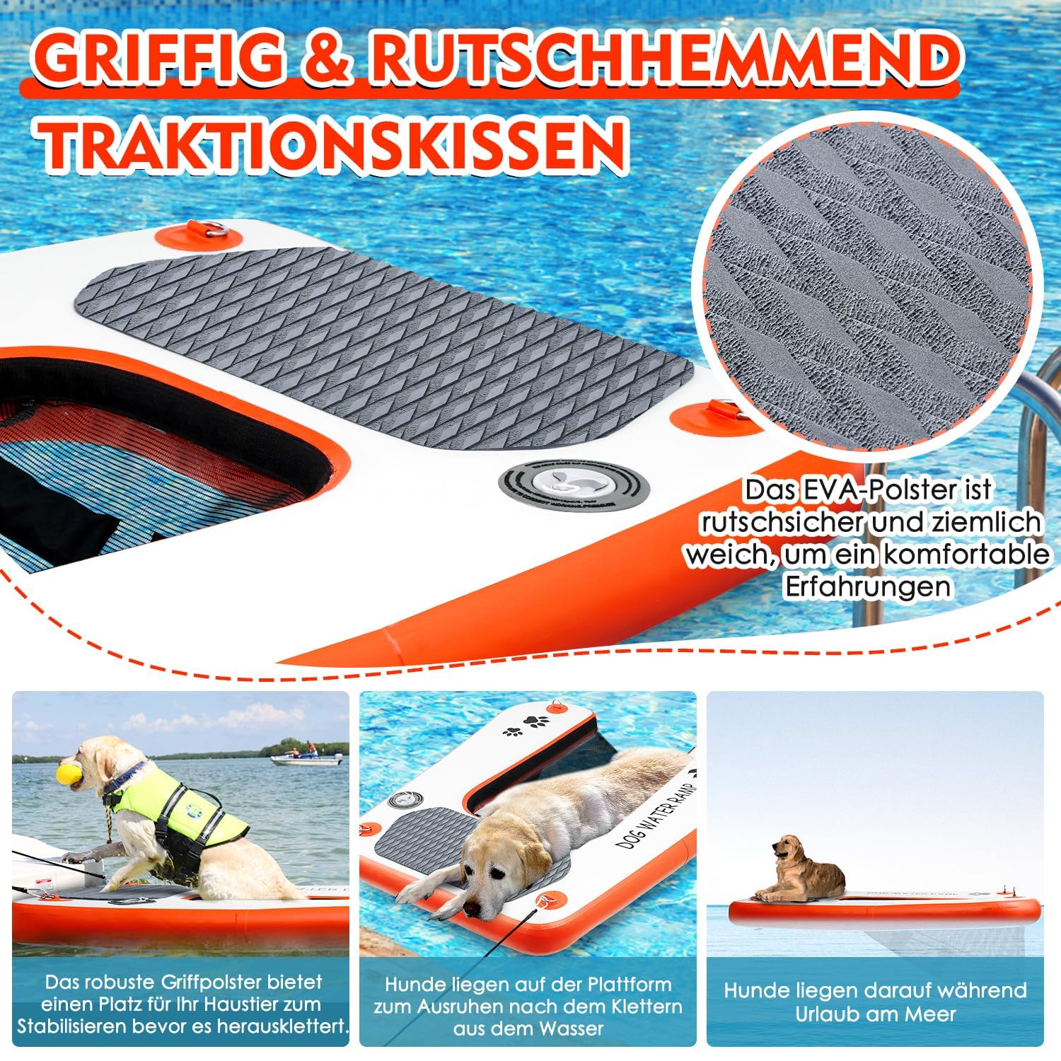 Hundewasserrampe Extra Breite Wasserrampe Pool Leiter, Float Welpen Planke für Pool, Dock & Boot, Haustier Rampe mit Rutschfesten Upgraded Steps, Wasserrampe Leiter für 68kg Hunde Klettern